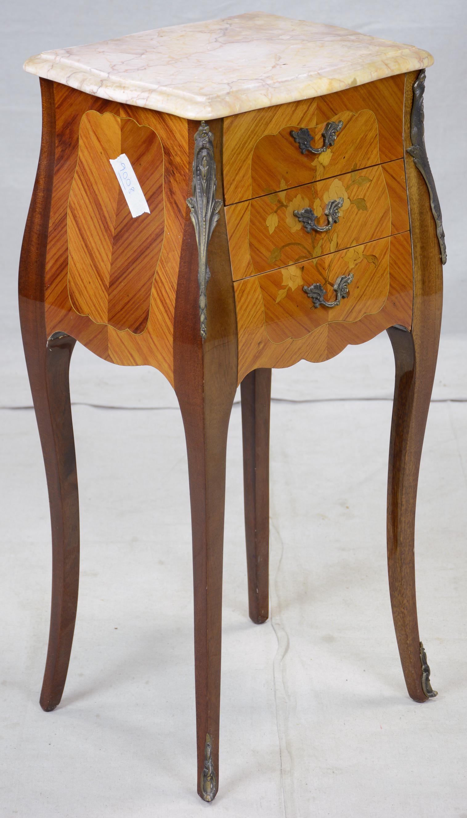 Small Louis XV Style Marquetry Inlaid Nightstand: Small French Louis XV Style Marble Top Marquetry Inlaid 3 Drawer Nightstand - 31 in tall x 14 x 12