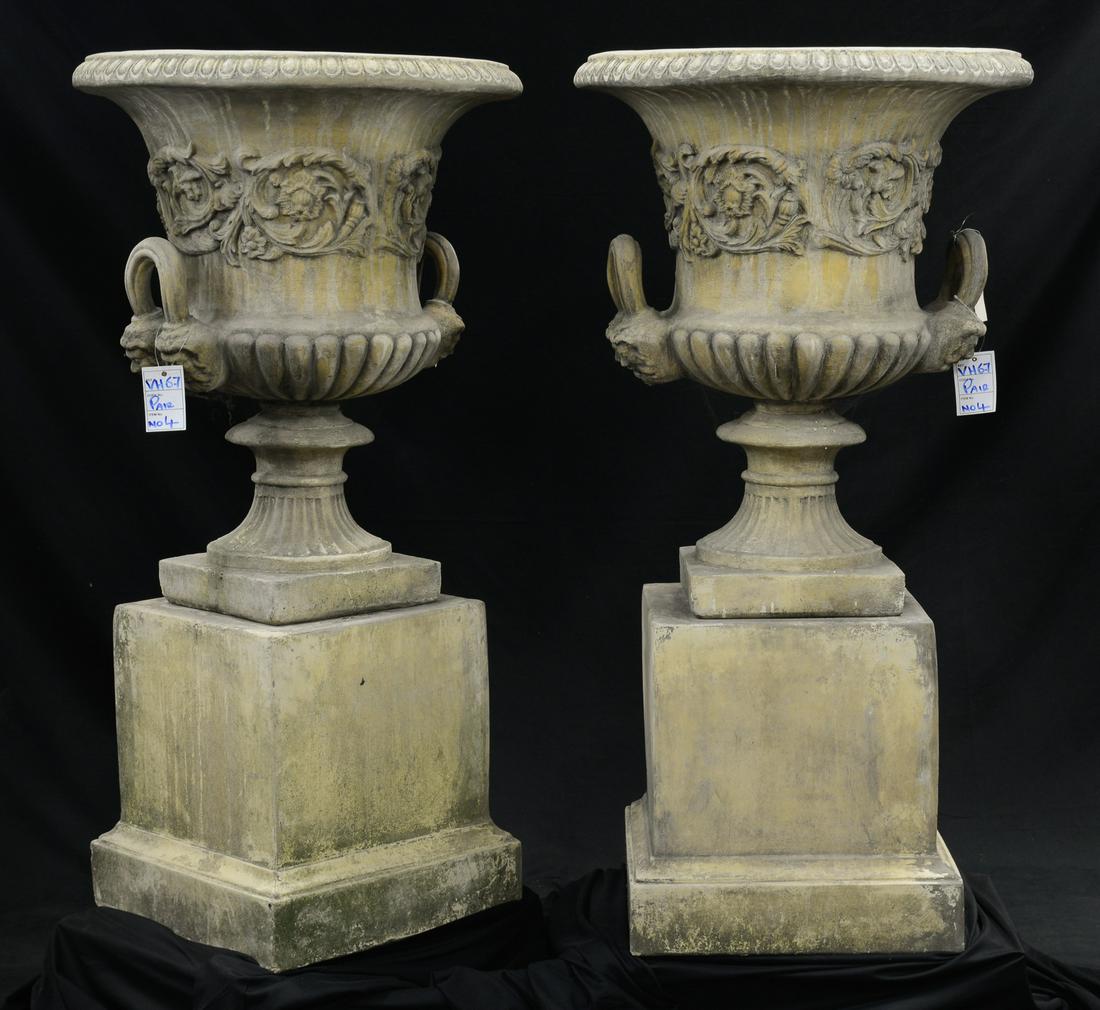Pair Campagna Form Stone Garden Urns On Plinth Base (1 of 3)