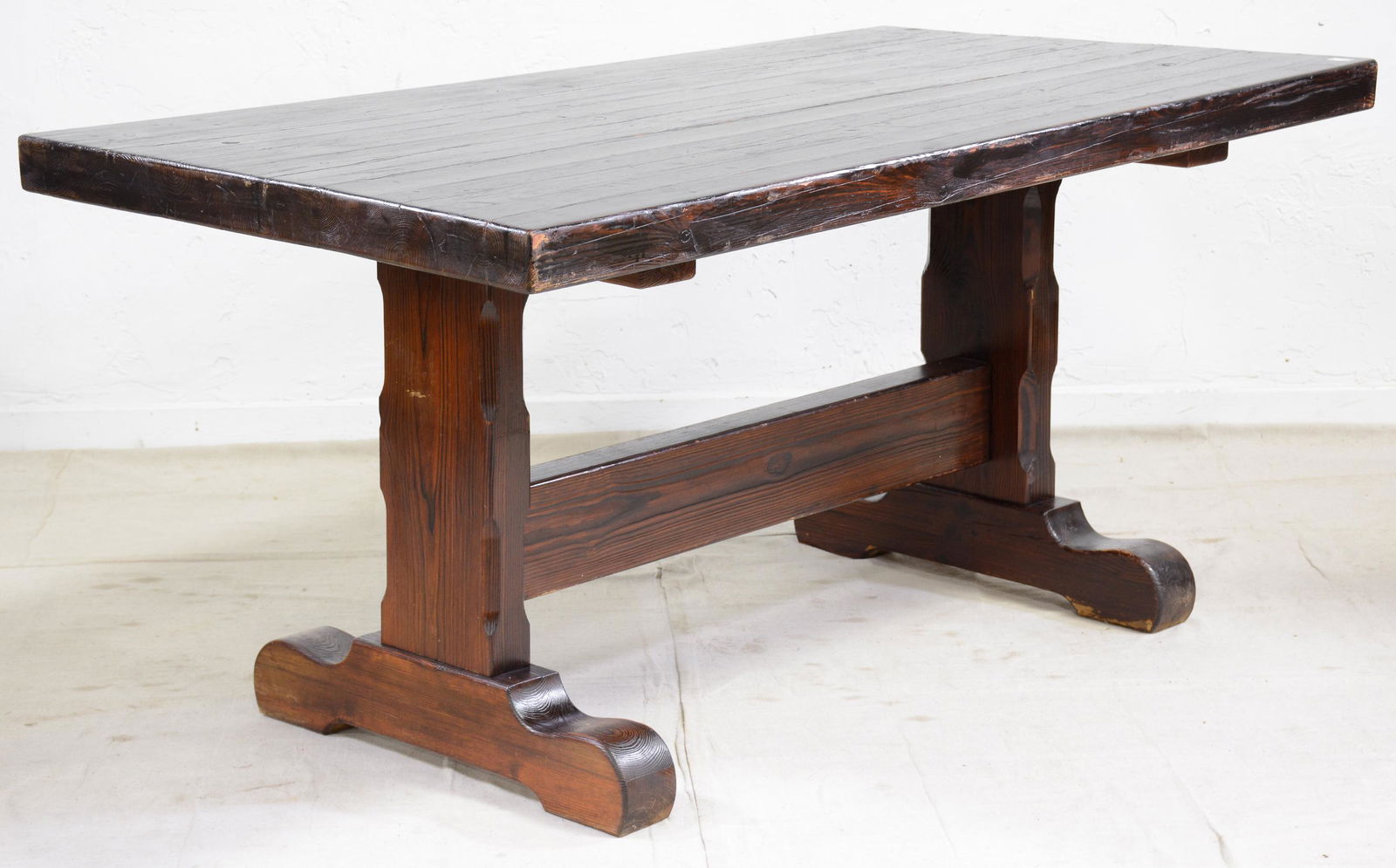 Dark Farm Table With Stretcher Base c.1950 (1 of 4)