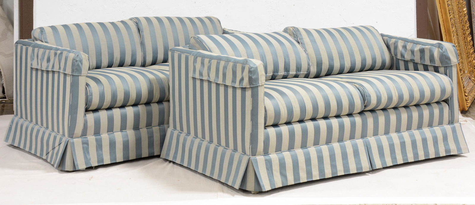 Pair Blue / Grey Striped Upholstered Love Seats (1 of 4)