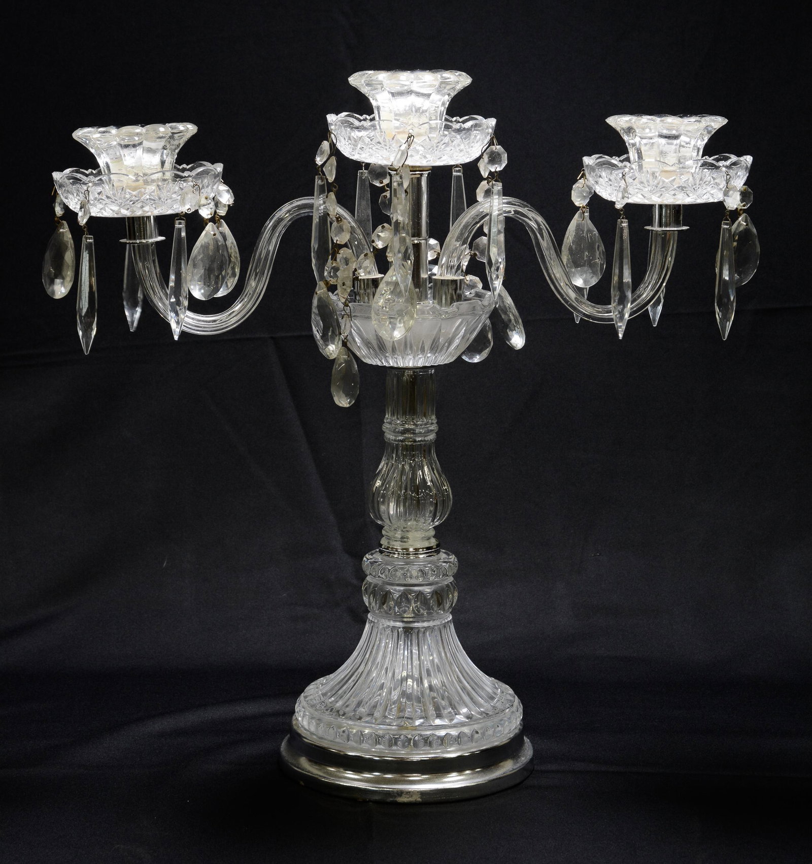Crystal / Glass Candelabra With Prisms: Crystal / Glass Candelabra with Prisms on Silverplate Base - 19 in tall x 19 x 7