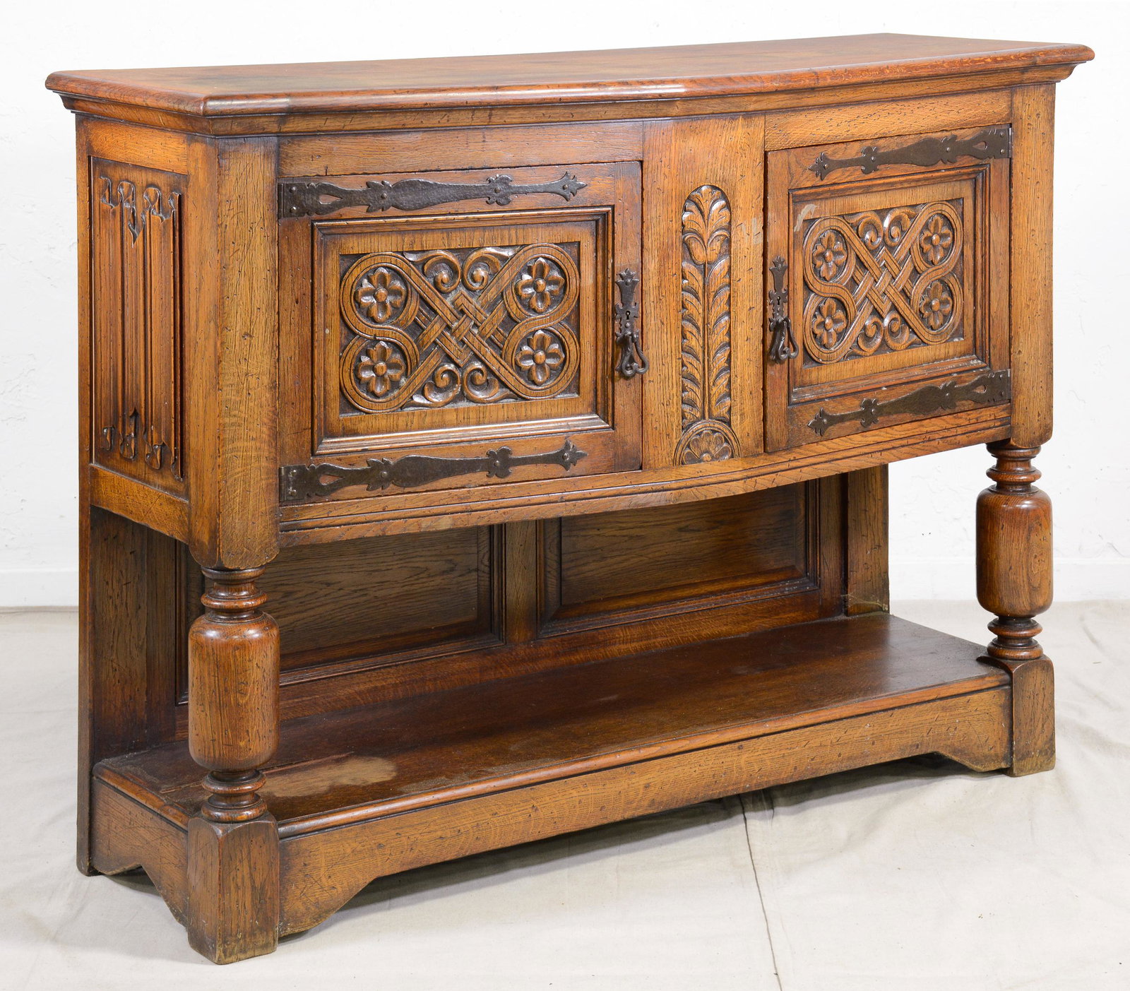 Carved Double Door Tudor Style Cabinet: Carved Double Door Tudor Style Cabinet - 41 in tall x 55 x 20