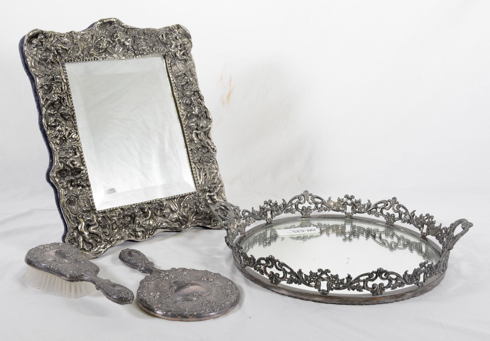 Framed Mirror, Mirrored Tray & Bush: Framed Mirror, Mirrored Tray & Bush - Mirror is 13 in tall x 12 x 1