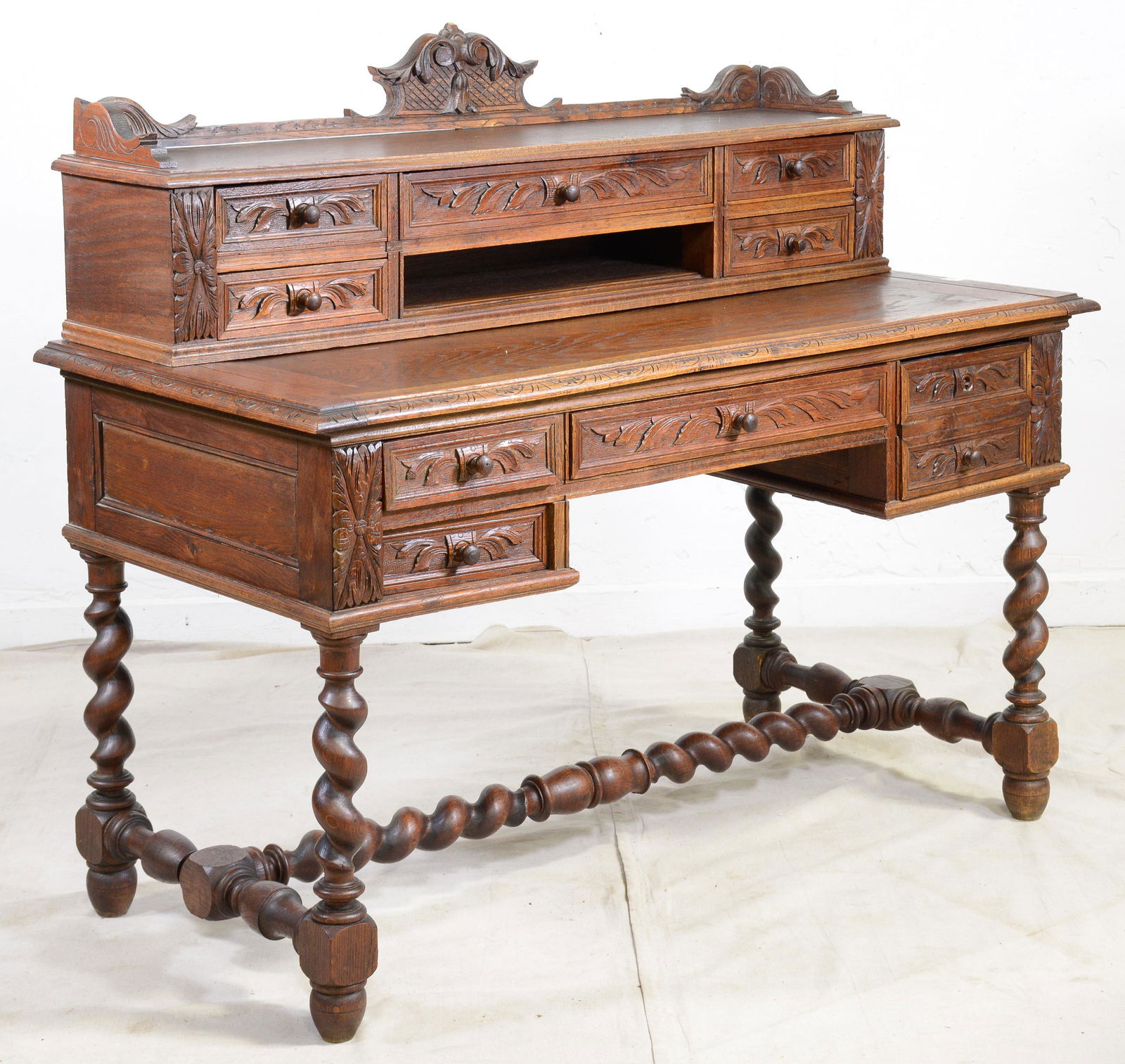 Carved Oak Barley Twist Desk With Stretcher Base (1 of 5)