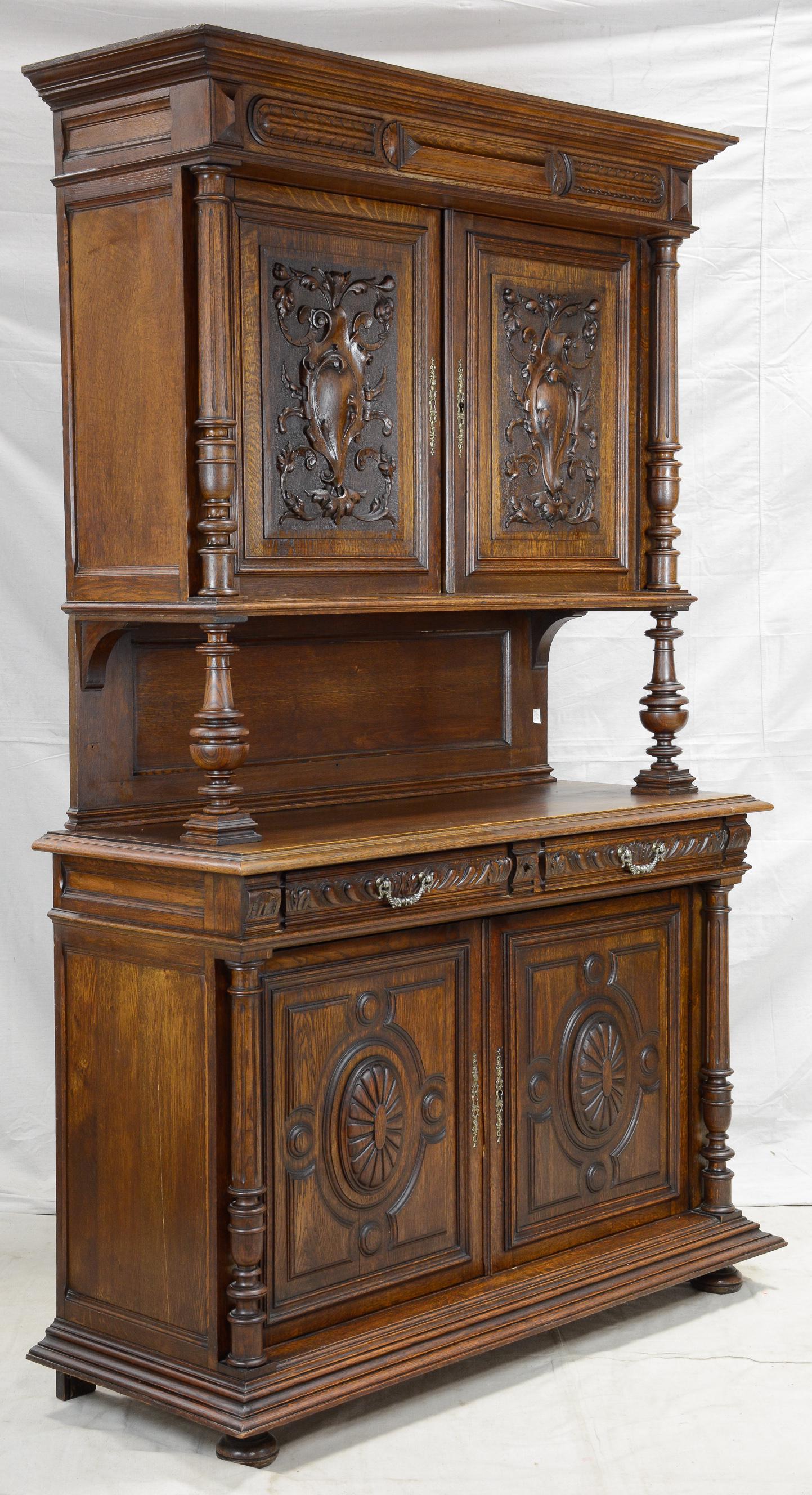 Henri II Style Carved Oak Double Buffet (1 of 5)