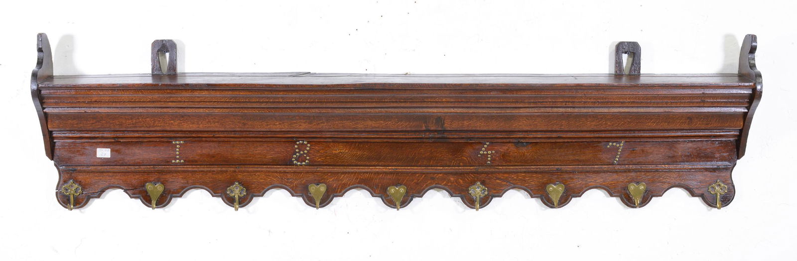 Large Oak Wall Shelf With Brass Hooks / Nail Heads (1 of 3)