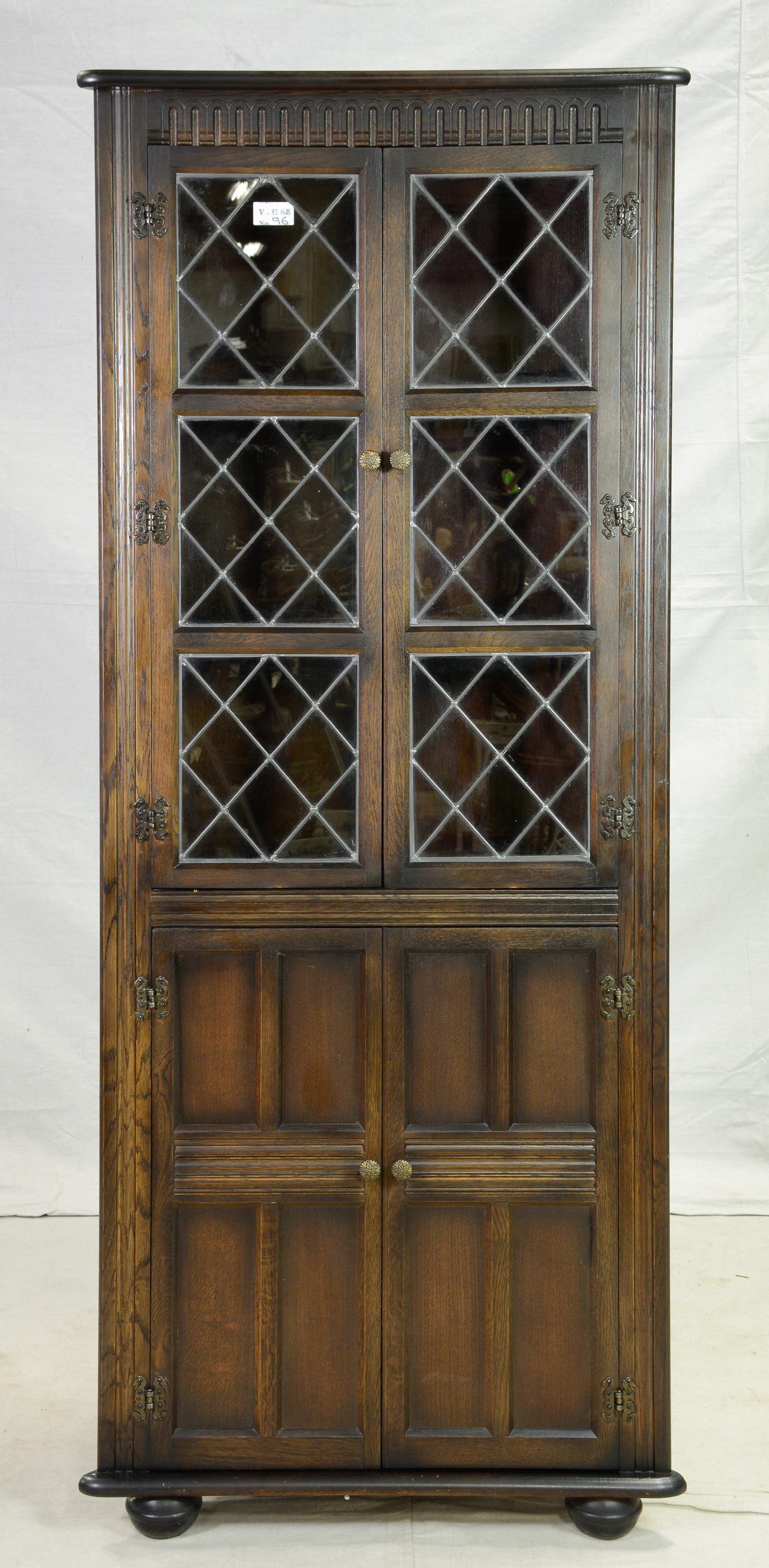 British Oak Leaded Glass Corner Cabinet: British Oak Leaded Glass Corner Cabinet - 66 in tall x 20 x 14