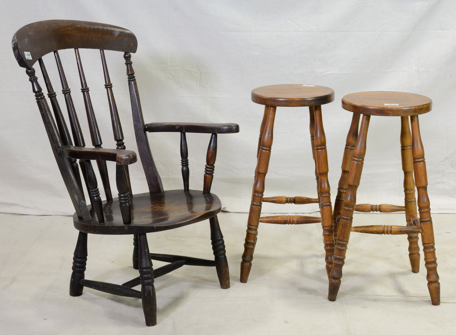 Pair Oak Turned Leg Bar Stools & Windsor Style Chair (1 of 3)