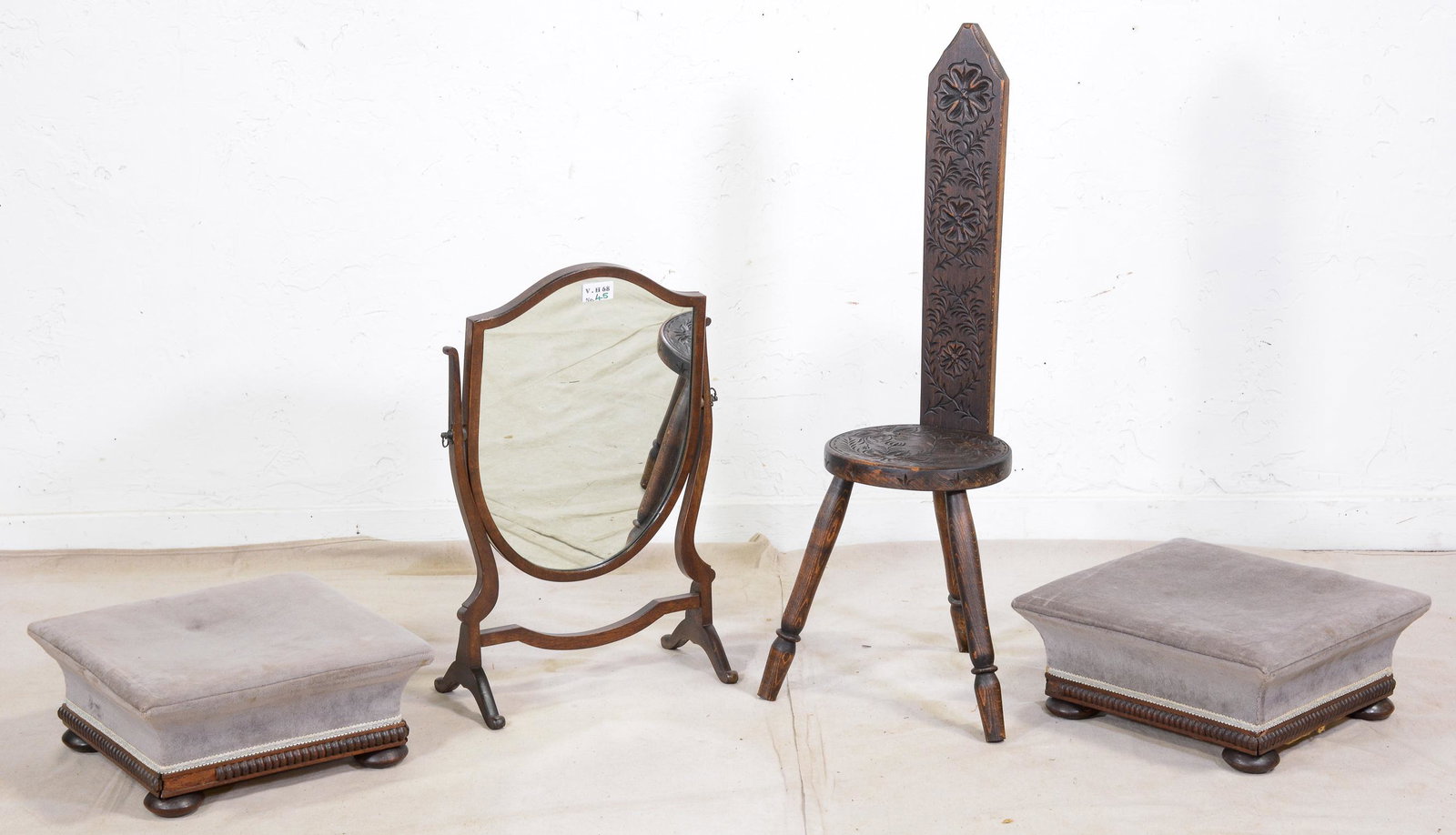 Carved Chair, 2 Stools, Shield Shape Mirror: Carved Chair, 2 Stools, Shield Shape Mirror - 36 in tall x 14 x 15 (measurements for largest item only)