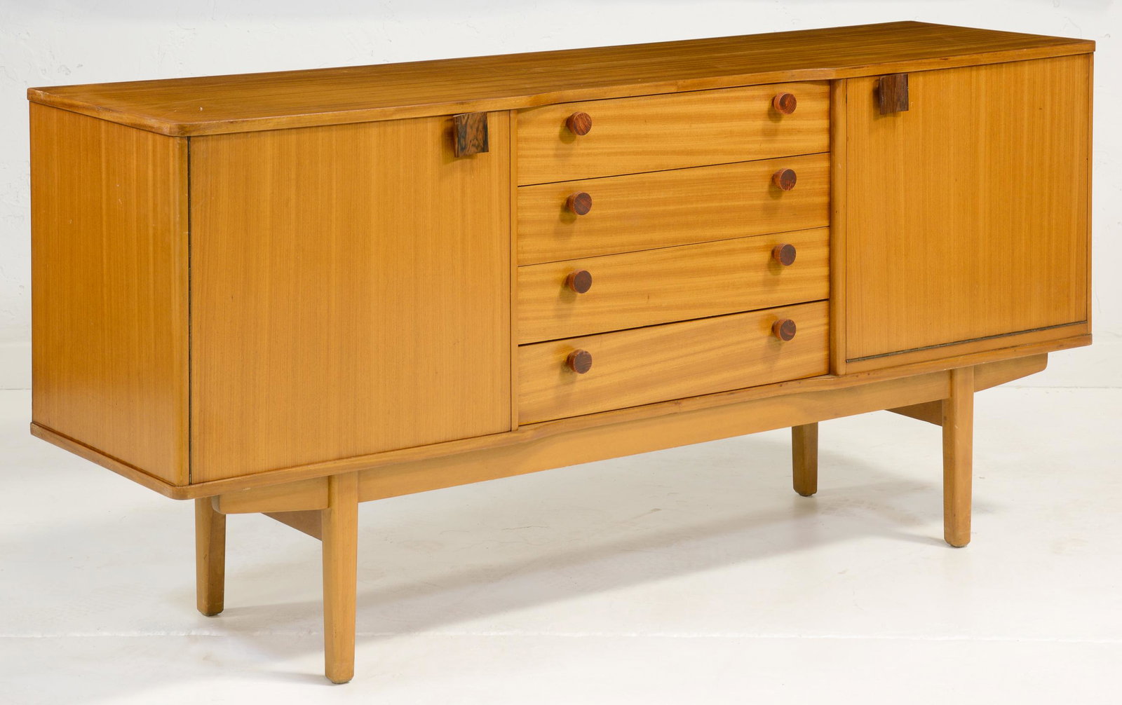 Mid Century Modern Teak Sideboard with Dark Handles: Danish Modern Style Teak Credenza with Dark Handles, British in origin - 31 in tall x 67 x 19