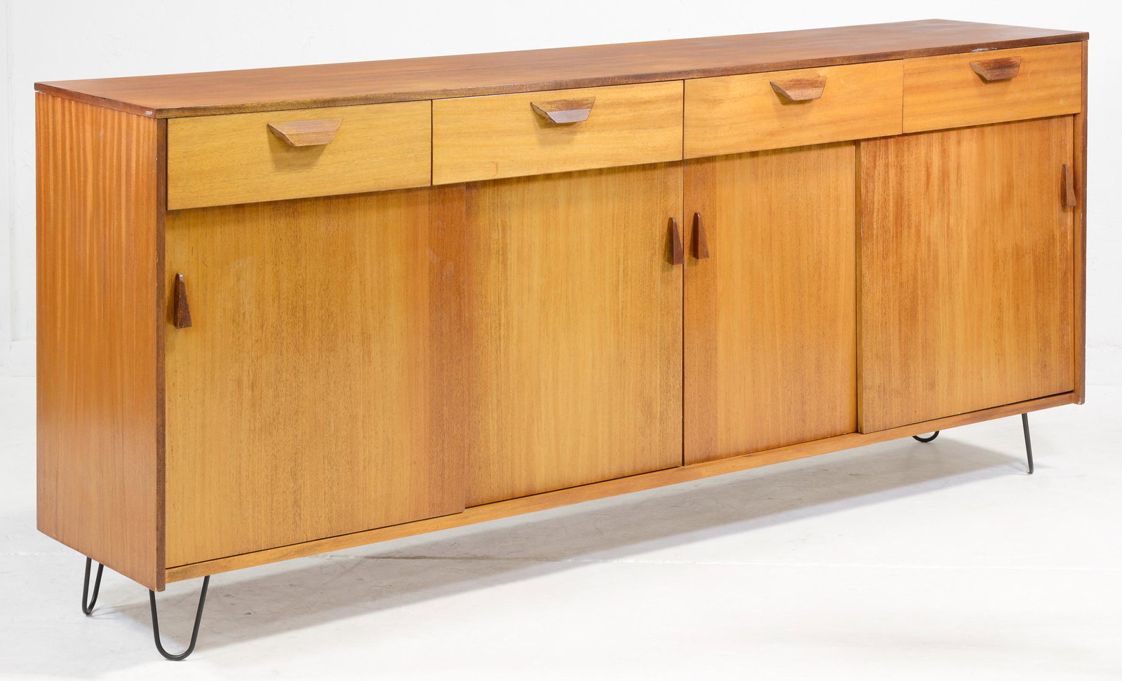 Teak Mid Century Sideboard with Sliding Doors: Teak Danish Modern Style Credenza with Sliding Doors on Hair Pin Legs - 38 in tall x 88 x 20