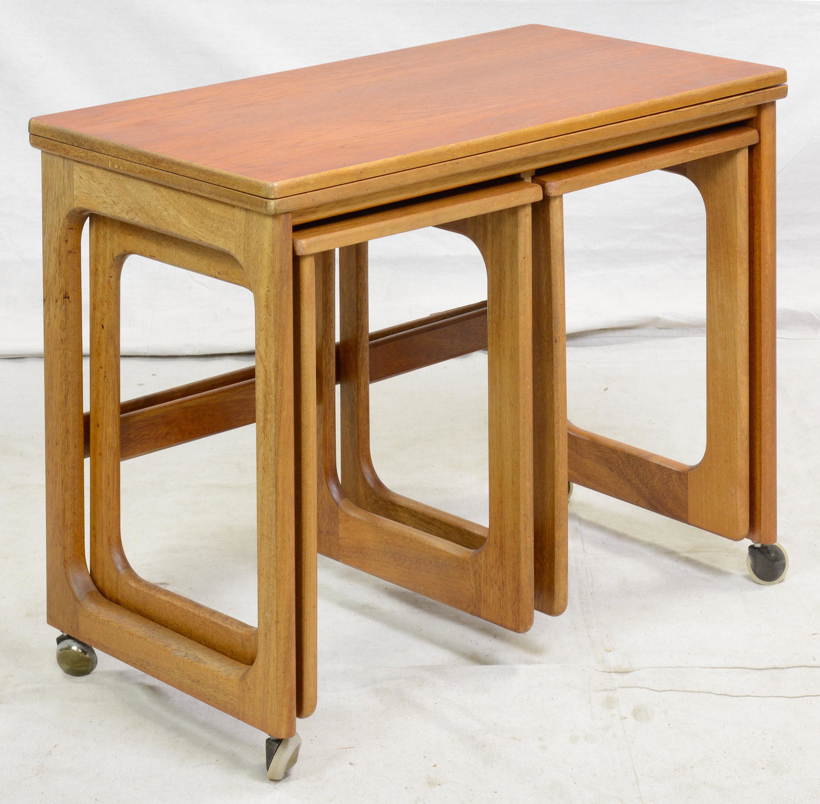 Mid Century Triform Flip Top Nest by McIntosh: Danish Modern Style Teak Triform Flip Top Nest by McIntosh - 24 tall x 30 x 17