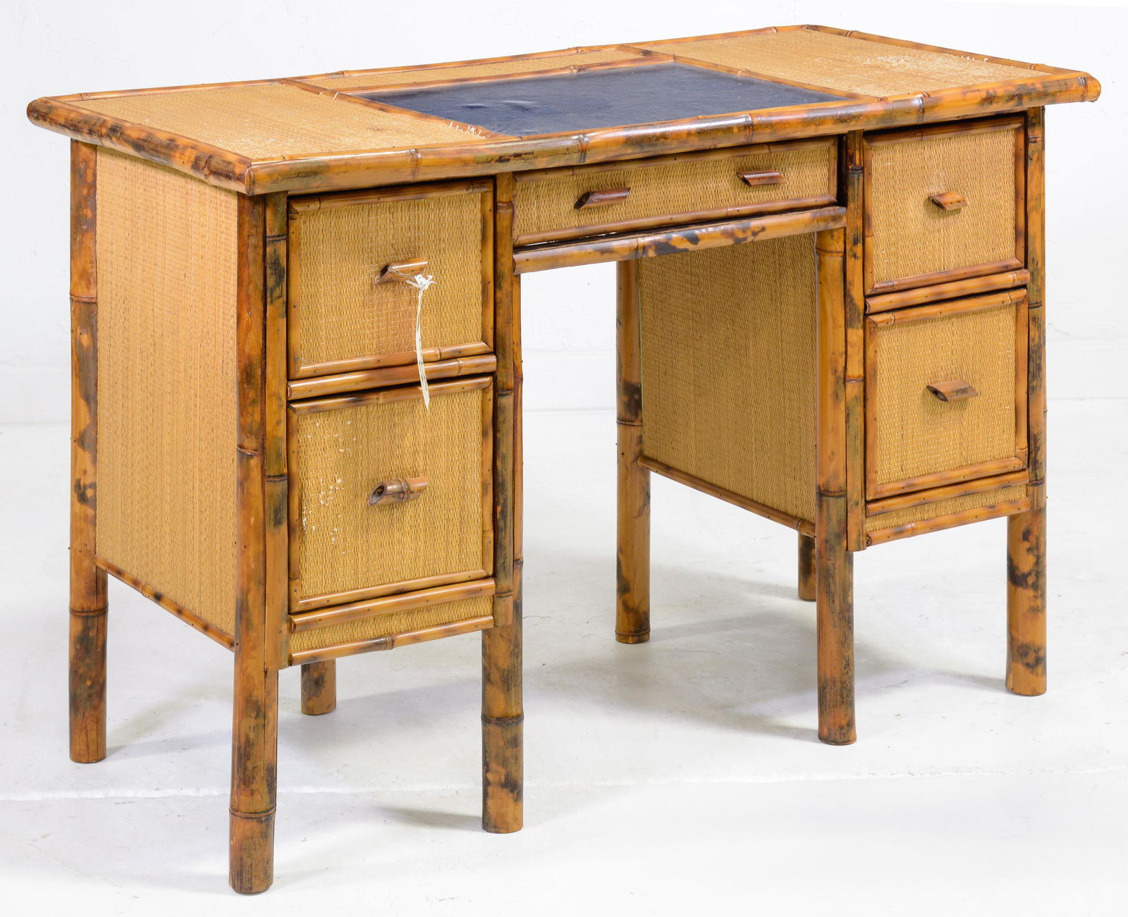 Antique Bamboo & Cane Desk with Blue Writing Surface (1 of 4)