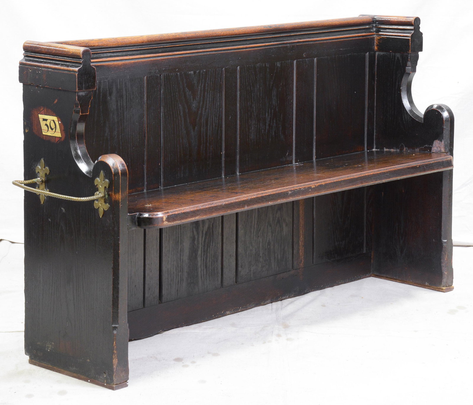 Carved Oak British Pew with Brass Hardware: Carved Oak British Pew with Brass Hardware - 34 in tall x 59 x 18