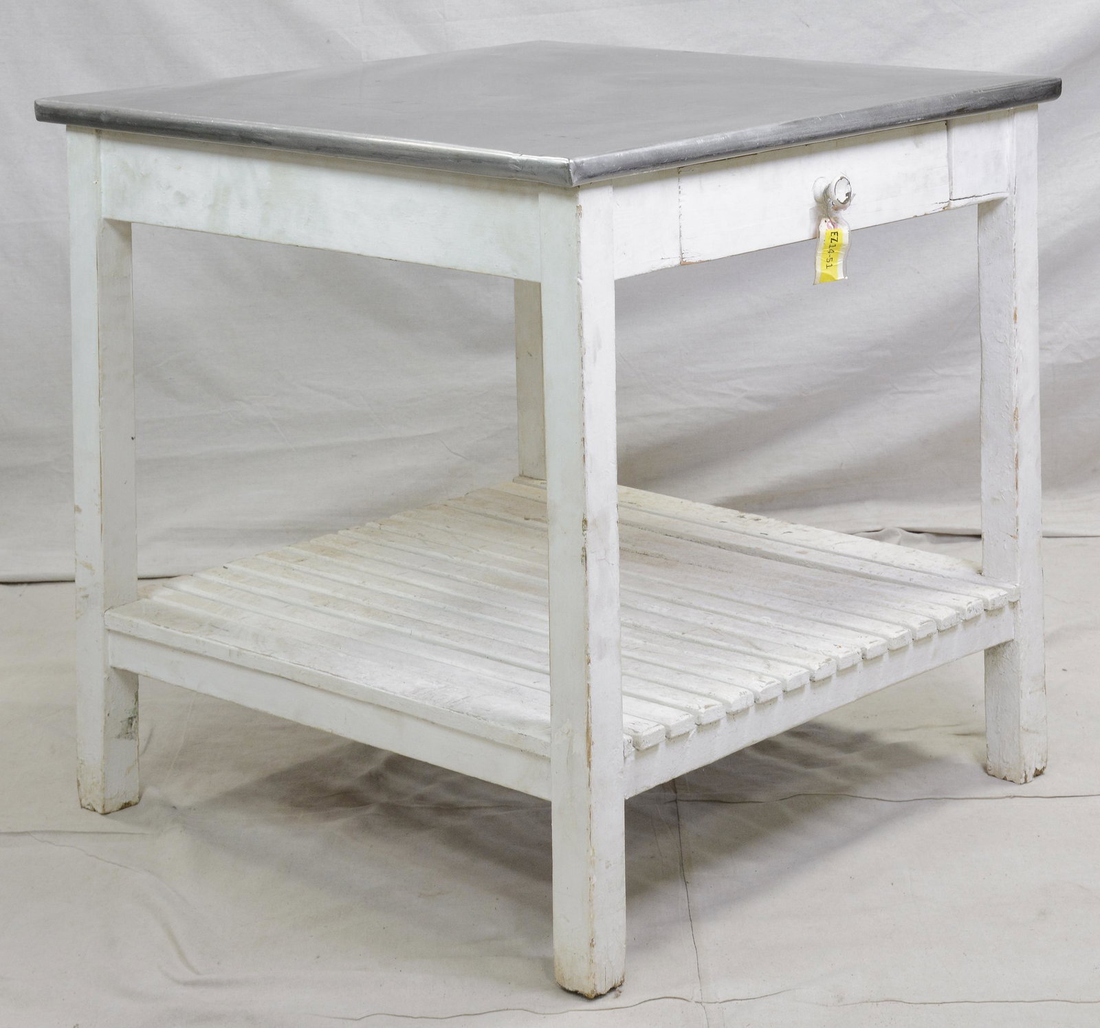 Zinc Top Painted Base Kitchen Table With Drawer: English Zinc Top Painted Base Table with Drawer - 36 in tall x 36