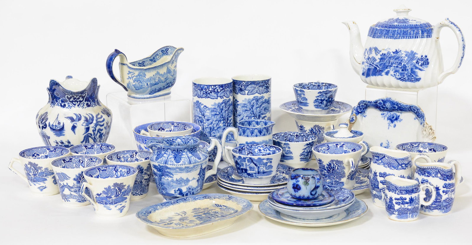 47pcs Assorted Blue / White China: 47pcs Assorted Blue / White China - Plates, Cups, Pitchers, Etc. - Allertons - Willow, Masons - Ironstone, Maling and Others