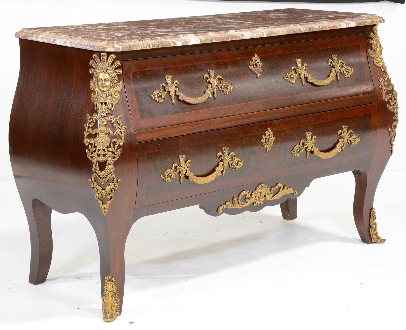 Mahogany Marble Top 2 Drawer Gilt Commode: Mahogany Marble Top 2 Drawer Commode with Gilt Bronze Fittings - 37 in tall x 55 x 23
