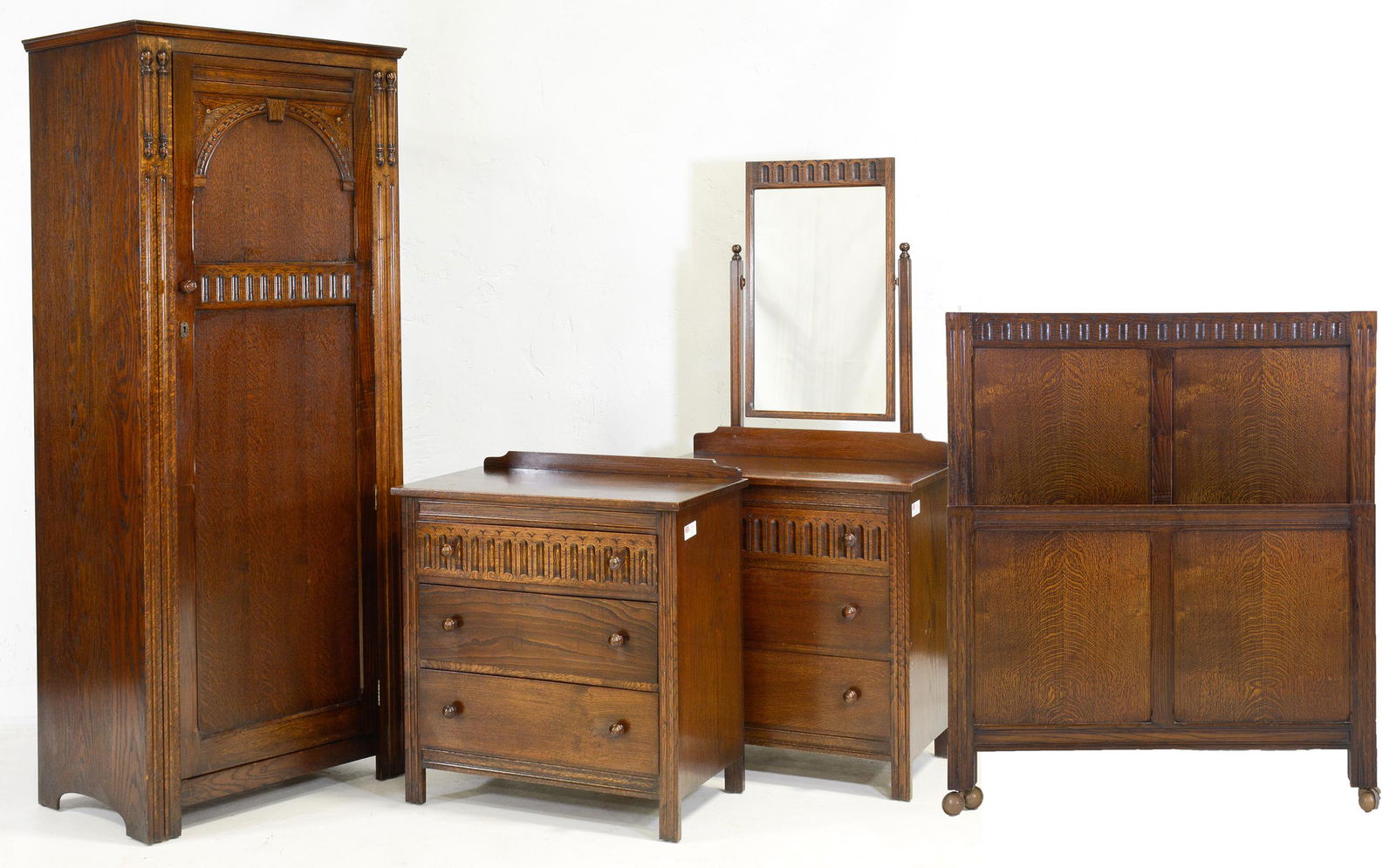 British Carved Oak 4 Piece Bedroom Set #2: British Carved Oak Bedroom Set - Robe (72 in tall x 31 x 19), Chest (31 x 28 x 19) , Dresser with Mirror ( 61 in tall x 28 x 20) , Bed ( Headboard is 42 in x 36 , This bed is a European Size which can