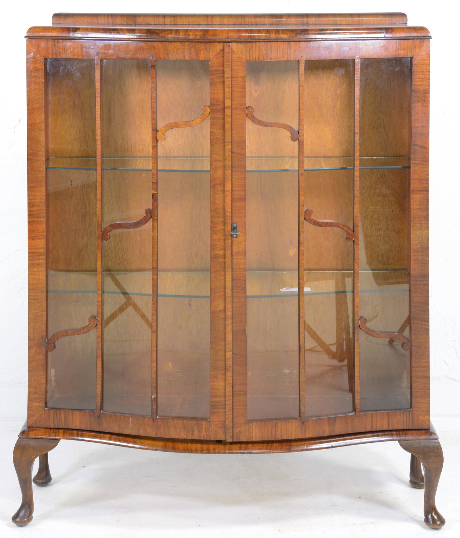 Walnut Queen Ann Leg Display Cabinet: British Walnut Display Case on Queen Ann Legs - 47 in tall x 37 x 14
