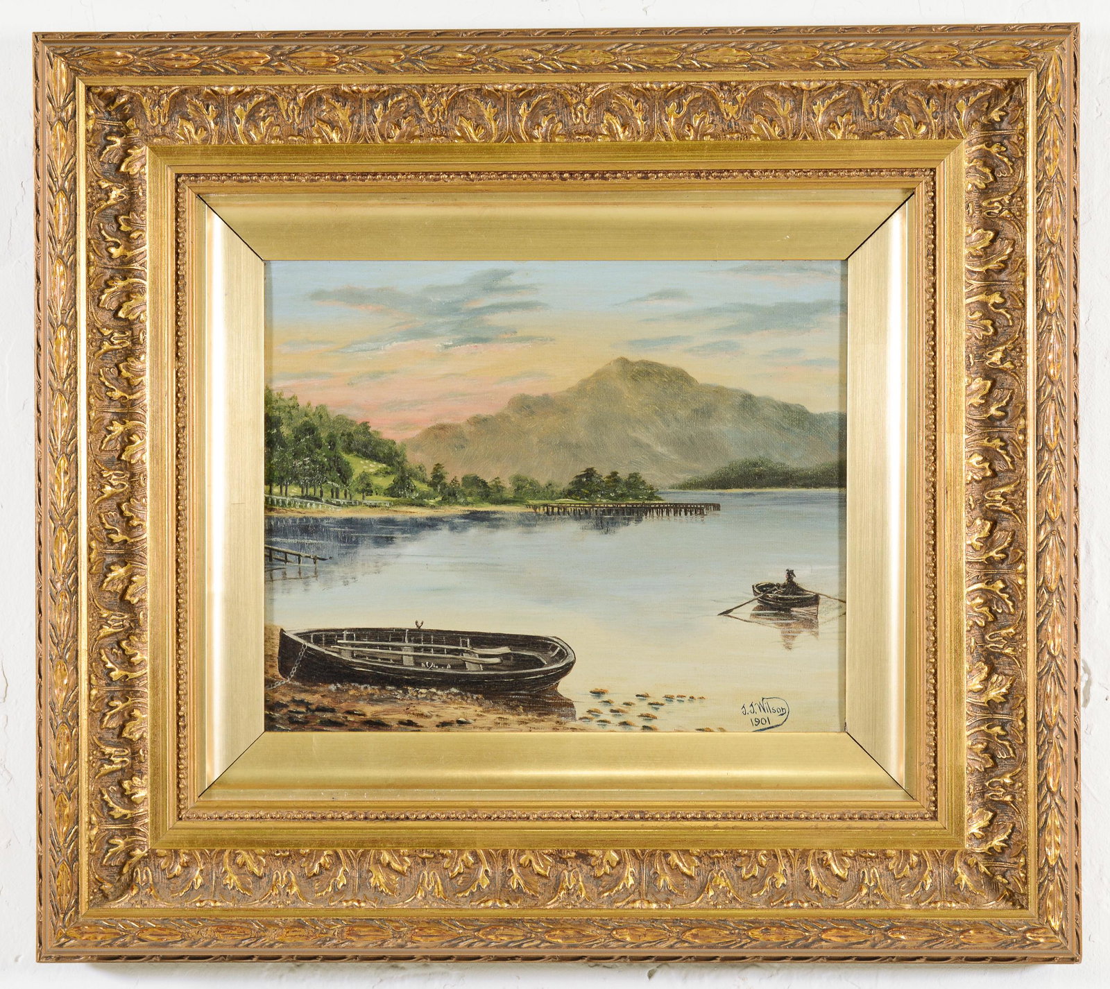 Small Gilt Framed Oil On Canvas - Lake Scene 1901: Small Gilt Framed Oil on Canvas - Lake Scene by J. J. Wilson dated 1901 - 20 in tall x 18 x 2