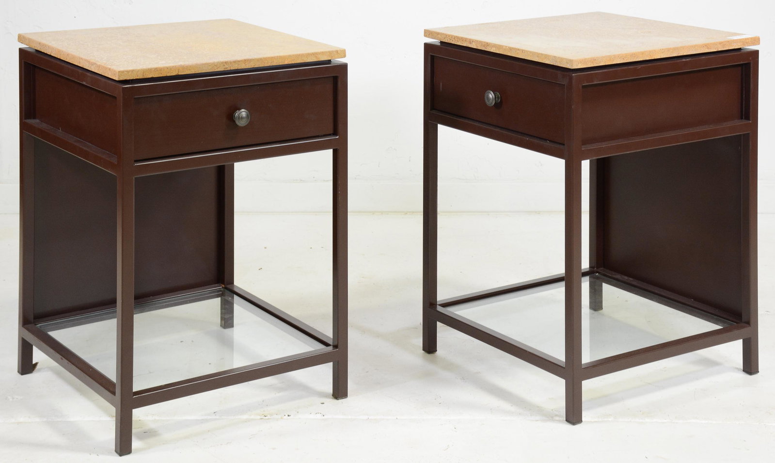 Pair Metal Stone Top Single Drawer End Tables: Pair Metal Stone Top Single Drawer End Tables / Nightstands - 30 in tall x 22 x 21