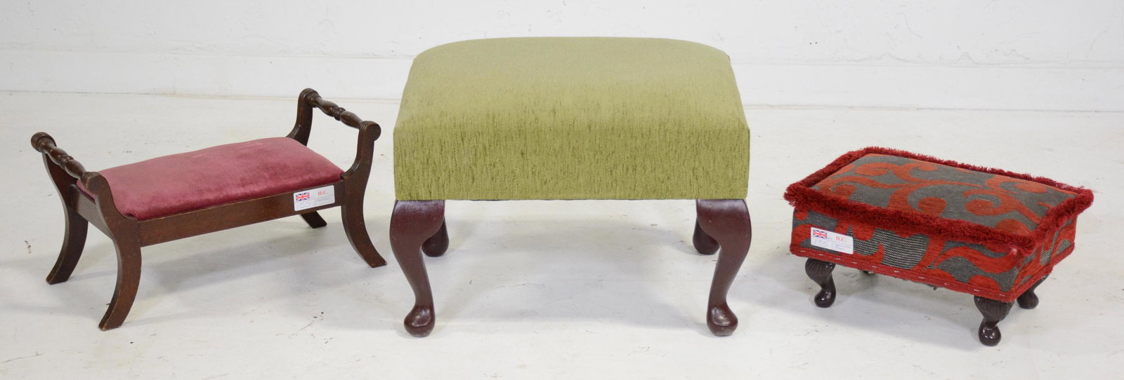 Trio Assorted Upholstered Stools: Trio British Assorted Upholstered Stools - 10 in tall x 20 x 10, 9 in tall x 15 x 11 and 15 in tall x 22 x 16