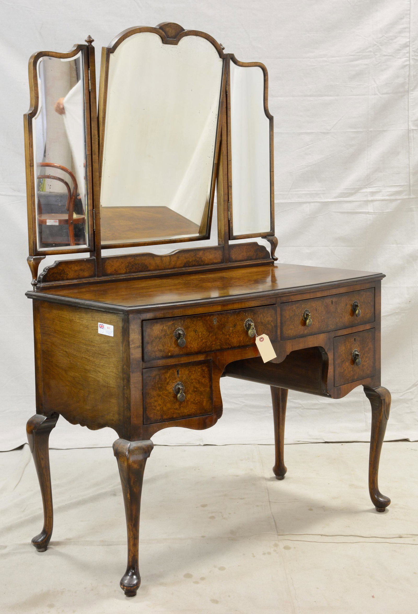 Burled Walnut Queen Ann Leg Dresser: British Burled Walnut Triple Mirror Dresser on Queen Ann Legs - 63 in tall x 44 x 22