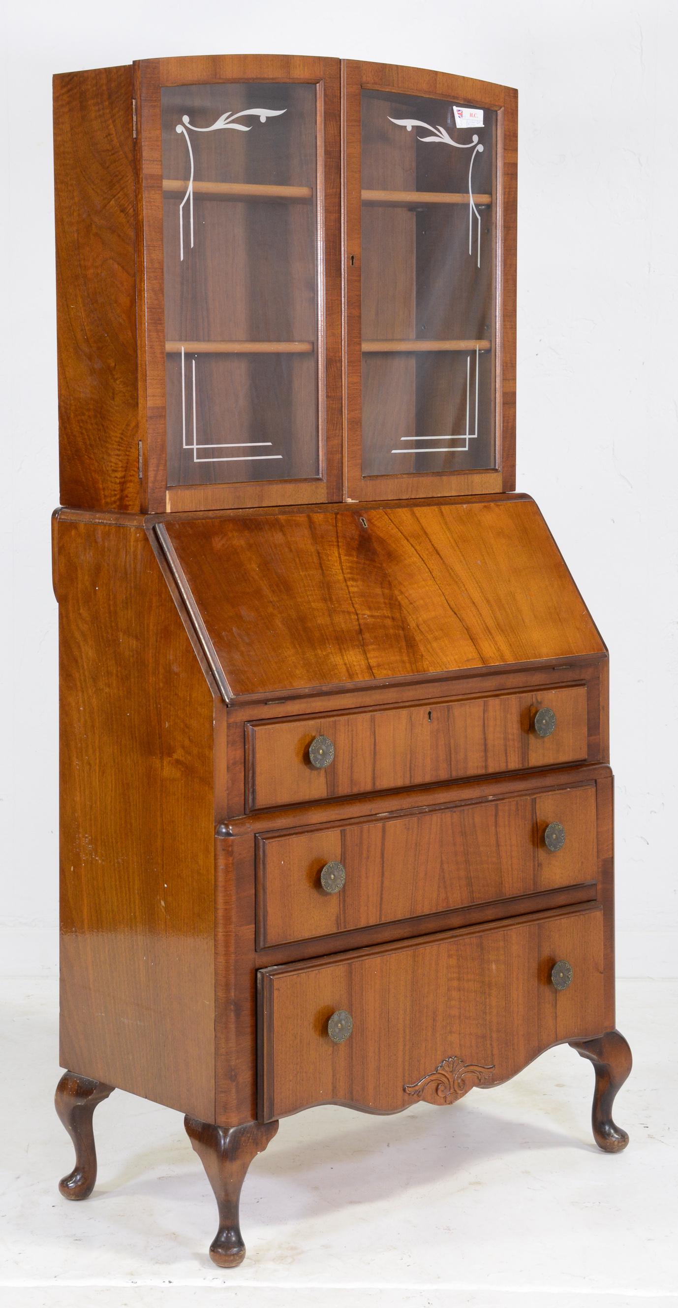 Walnut Queen Ann Leg Bureau Bookcase: British Walnut Secretary Bookcase on Queen Ann Legs - 64 in tall x 32 x 16