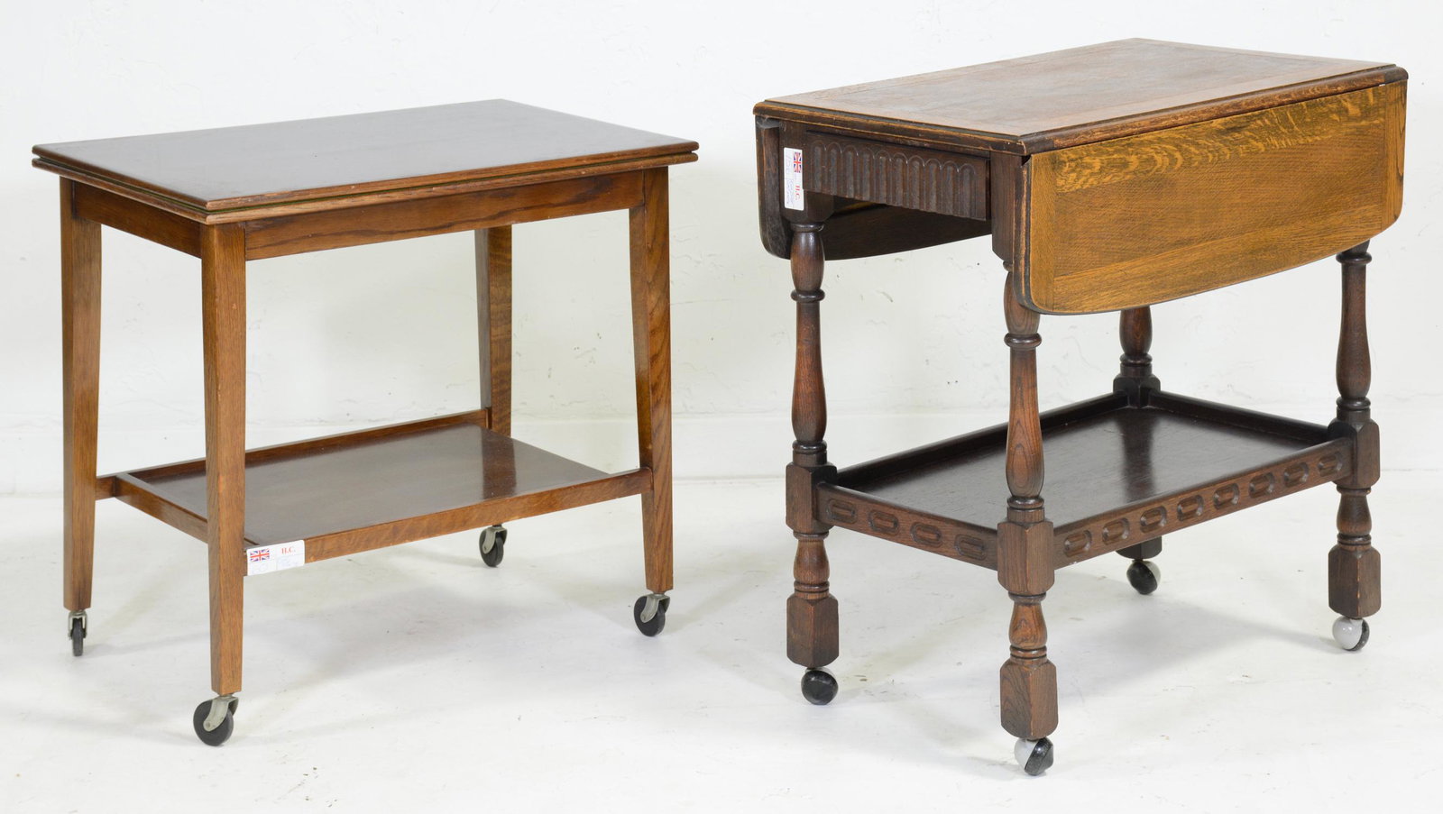 British Flip Top Card Trolley & Oak Drop Leaf Cart: British Oak Drop Leaf Trolley / Cart with Drawer & Flip Top Card Trolley - 29 in tall x 27 x 28 and 25 in tall x 26 x 18