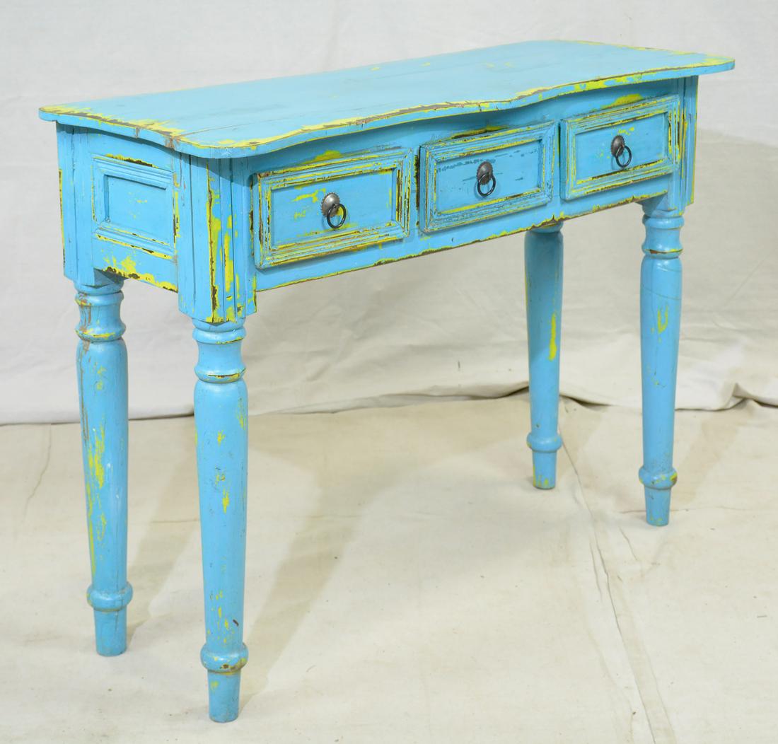 Painted 3 Drawer Console Table With Turned Legs: Blue / Yellow Painted 3 Drawer Console Table With Turned Legs - Made of Reclaimed Timber - 30 in tall x 42 x 16