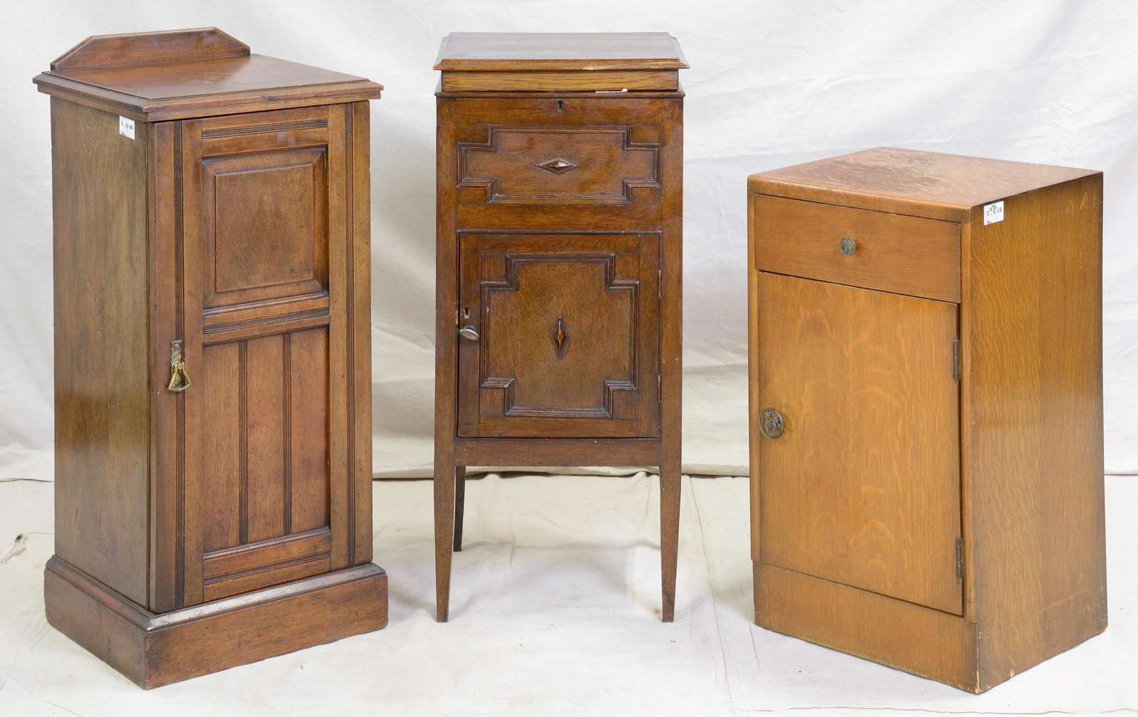 2 English Bed Side Cabinets & Sewing Cabinet: 2 English Bed Side Cabinets & Sewing Cabinet - 26 in tall x 15 x 13, 34 in tall x 15 x 15 and 34 in tall x 15 x 14