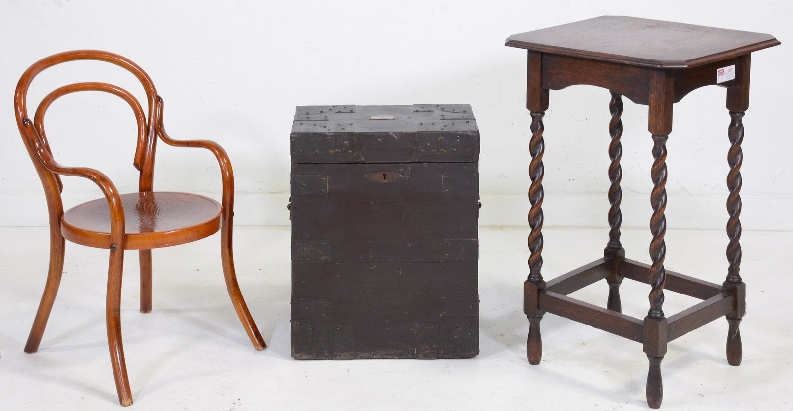 Small Bentwood Youth Chair, Barley Twist Table & Box: Small Bentwood Youth Chair, Oak Barley Twist Table & Box - 29 in tall x 17 x 17, 20 in tall x 17 x 11 and 26 in tall x 16 x 16