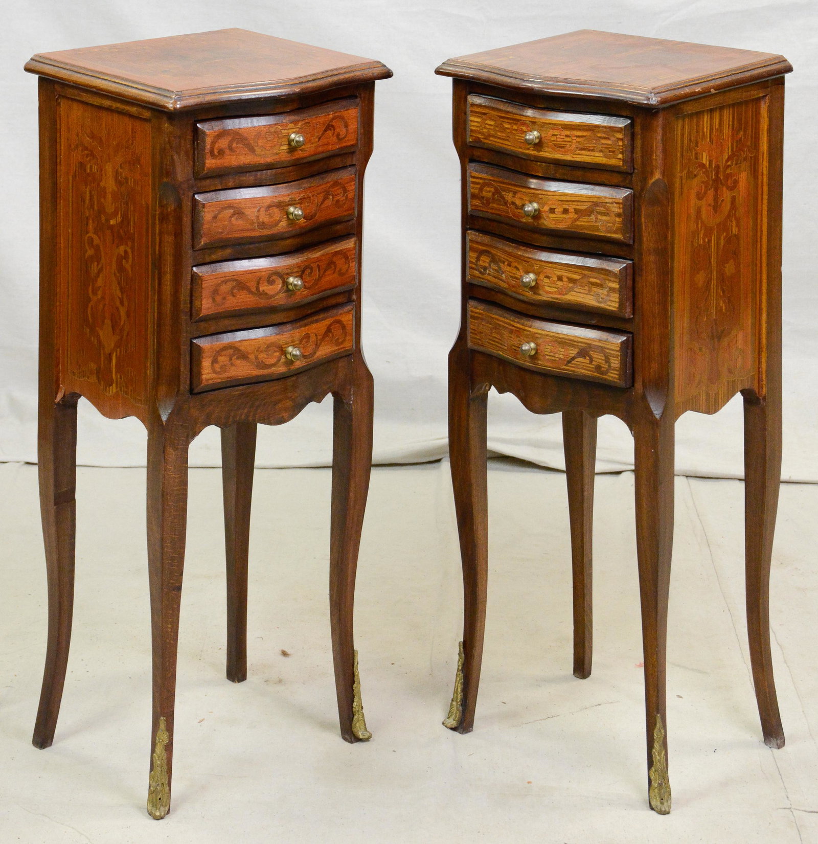 Pair Inlaid 4 Drawer Nightstands: Pair Inlaid 4 Drawer Nightstands - 30 in tall x 12 x 11