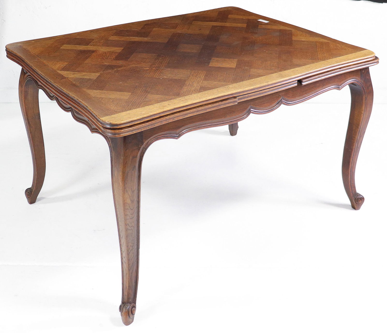 Country French Oak Draw Leaf Parquet Top Dining Table (1 of 5)