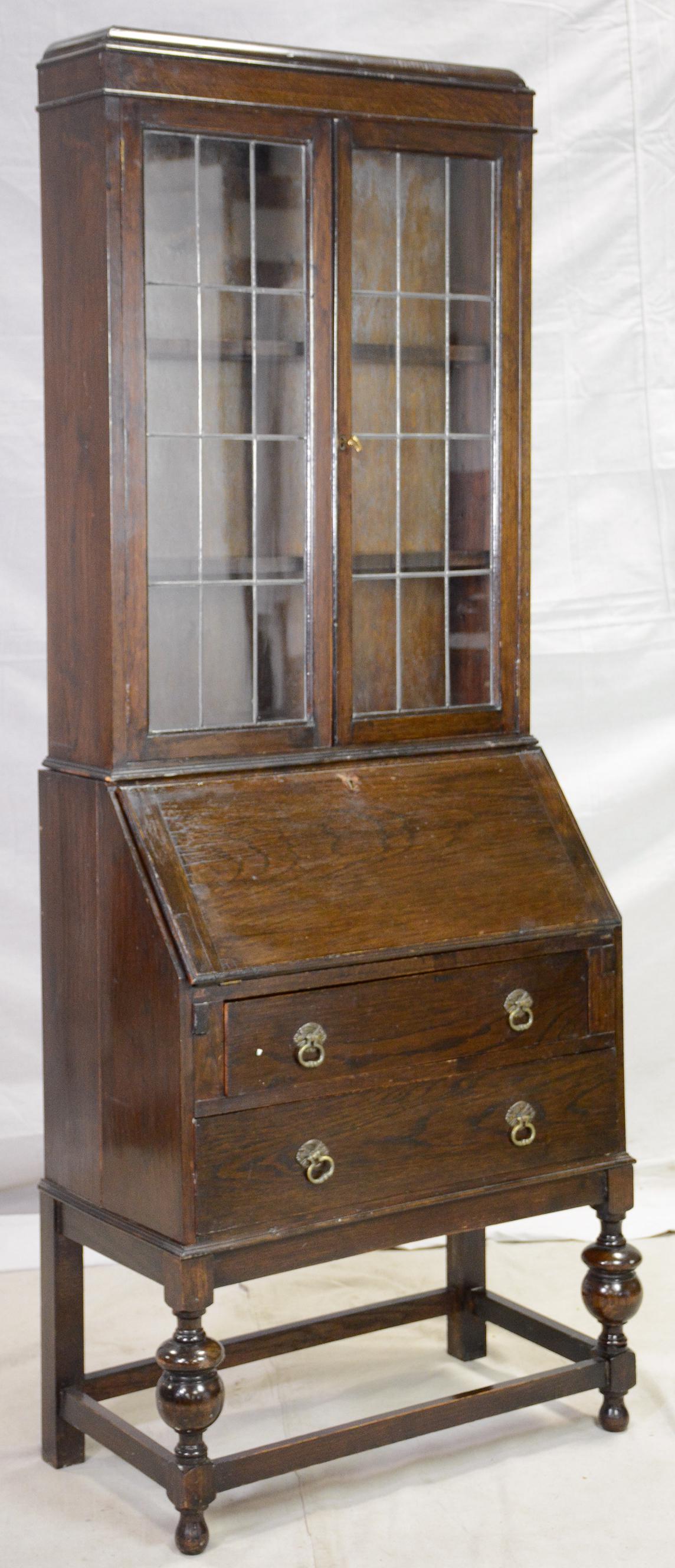 Oak Leaded Glass Drop Front Bookcase (1 of 3)