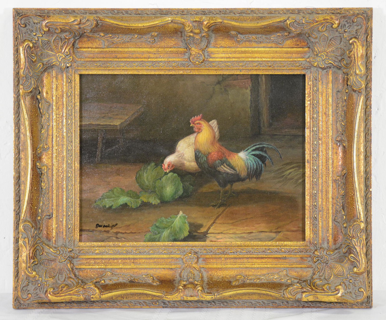 Carved Framed Oil On Canvas - Rooster / Chicken (1 of 3)