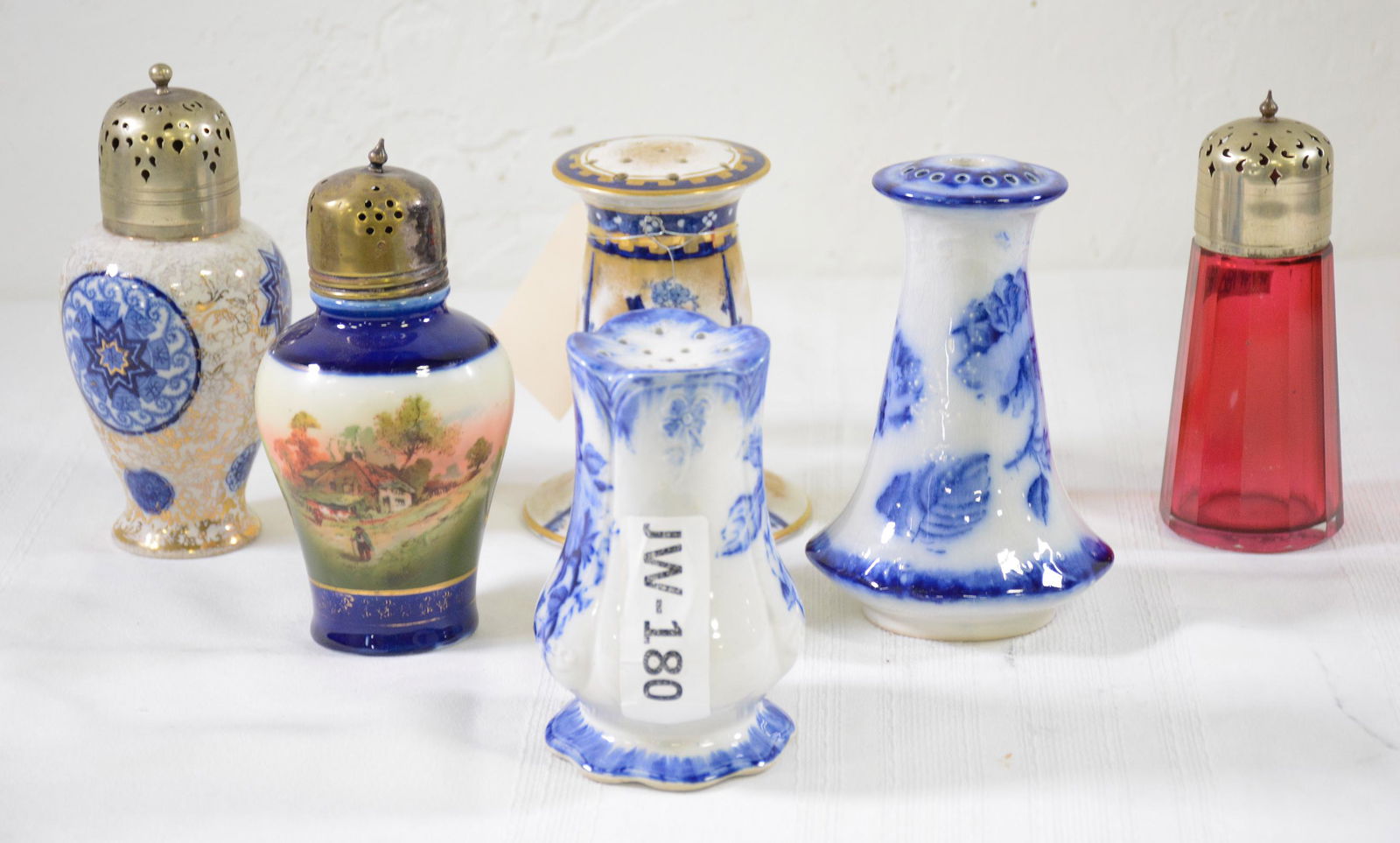 Two Blue & White  Sugar Shakers & 3 Hat Pin Holders (1 of 4)