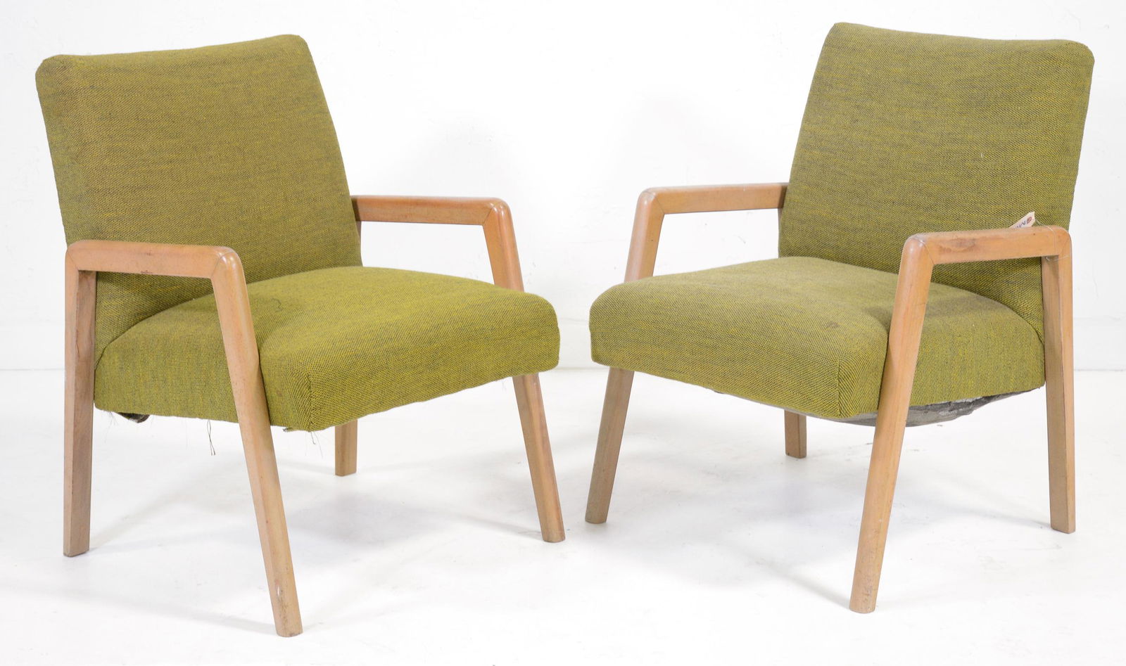 Pair of Vintage Russel Wright Style Lounge Armchairs: Vintage Russel Wright Style ArmchairsArmy Green Fabric UpholsteryBirch Frame - 30 in tall x 28 x 23