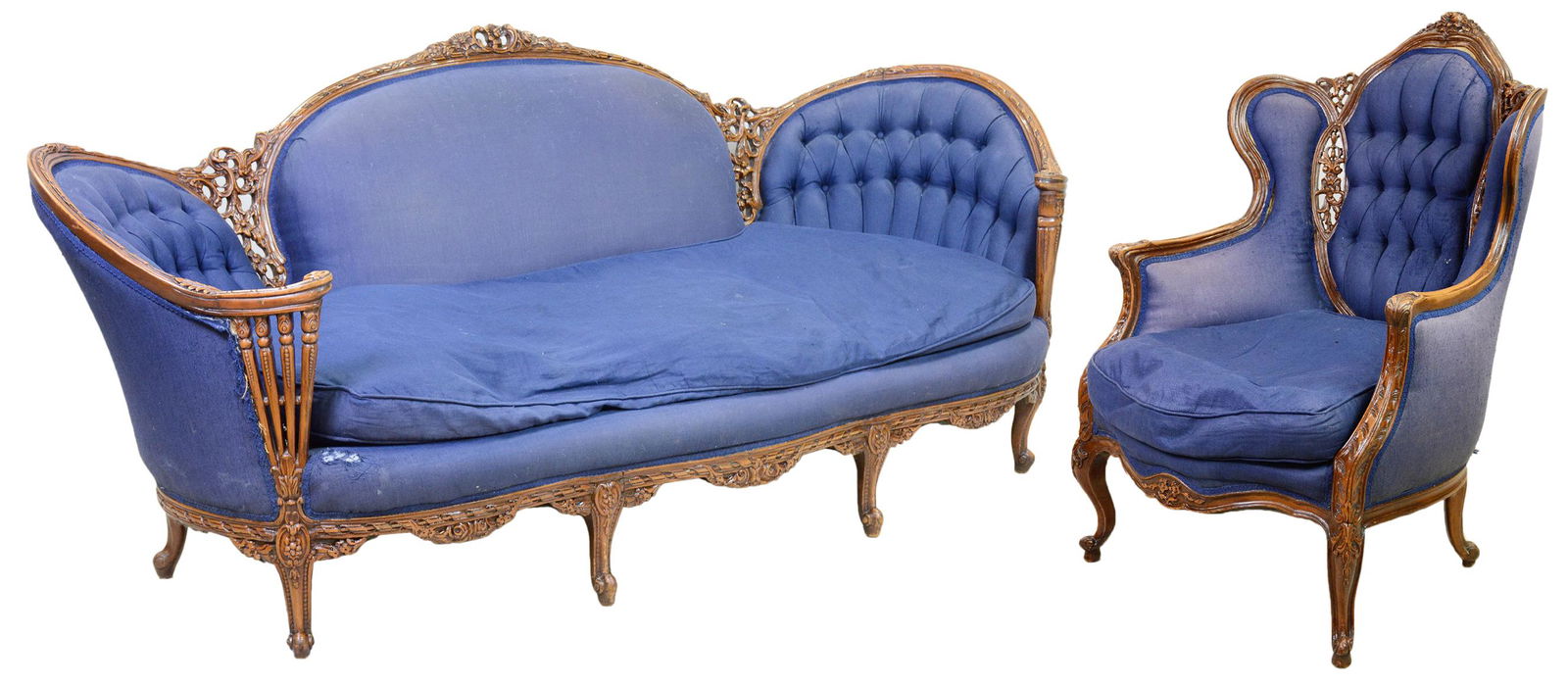 Carved Blue Upholstered Sofa & Arm Chair (1 of 6)
