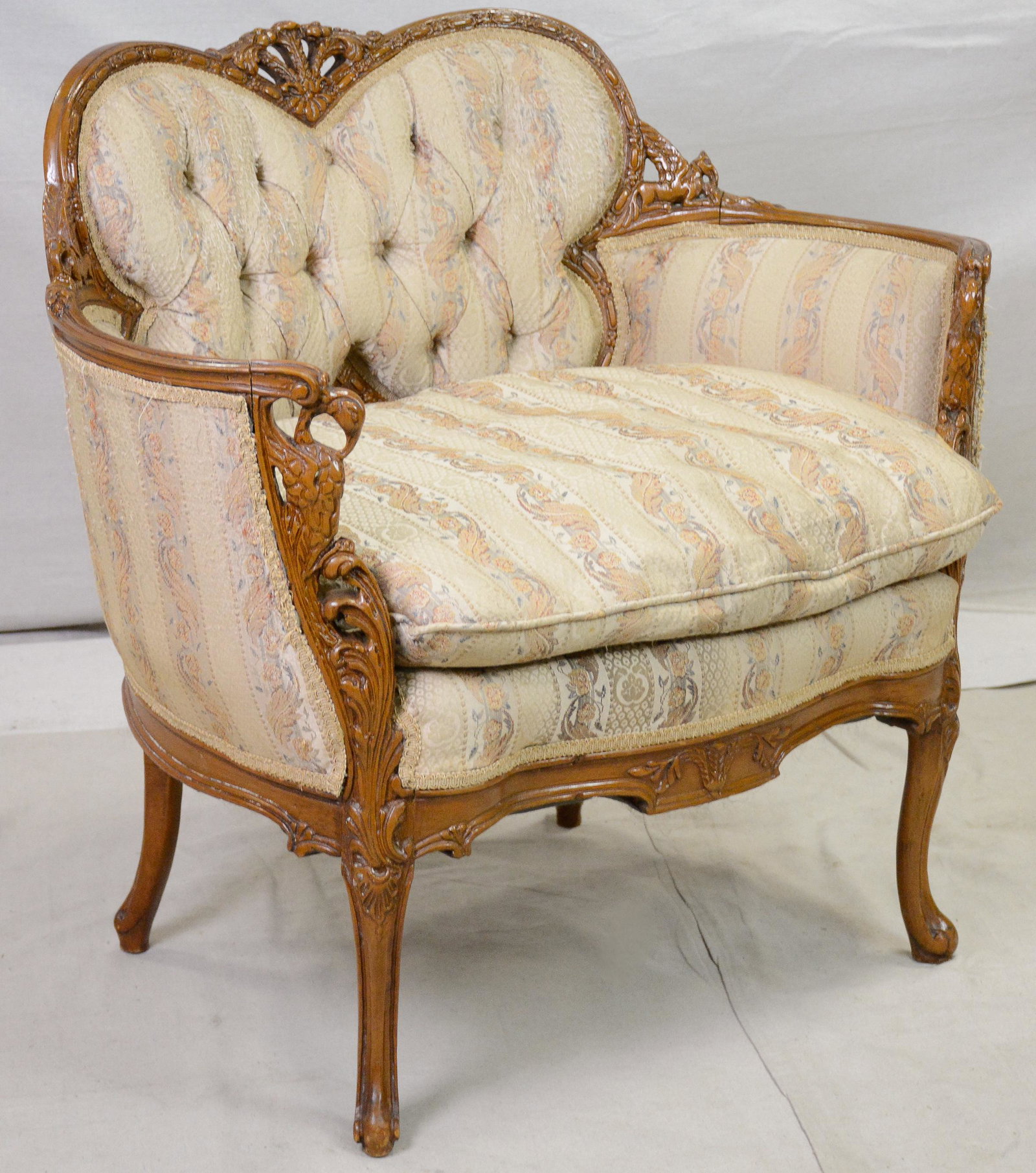 French Style Carved Upholstered Arm Chair: French Style Carved Upholstered Arm Chair -