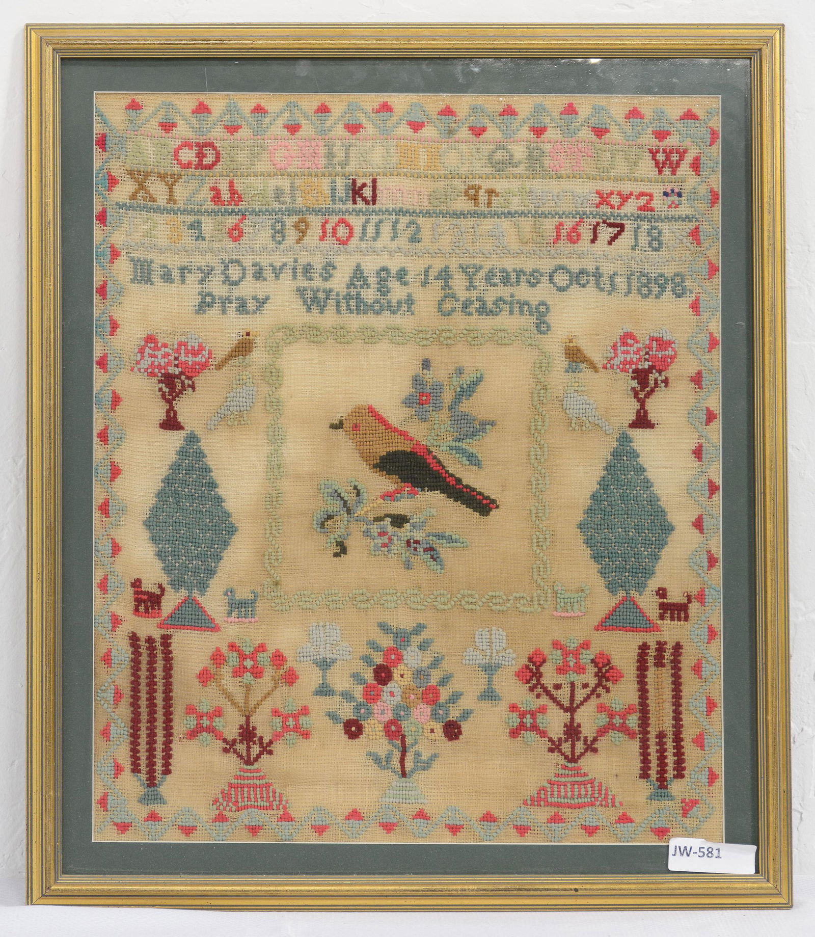 Hand Stitched Sampler Under Glass - "1898" (1 of 2)