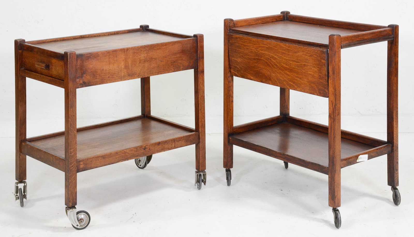 2 English Oak Trolleys / Carts: 2 English Oak Trolleys / Carts - 30 in tall x 26 x 16 and 28 in tall x 27 x 17