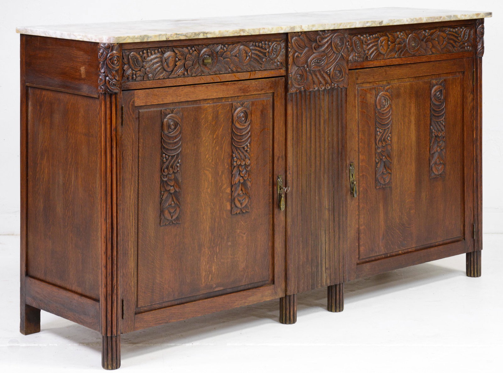 Carved Oak Art Deco Marble Top Sideboard (1 of 5)
