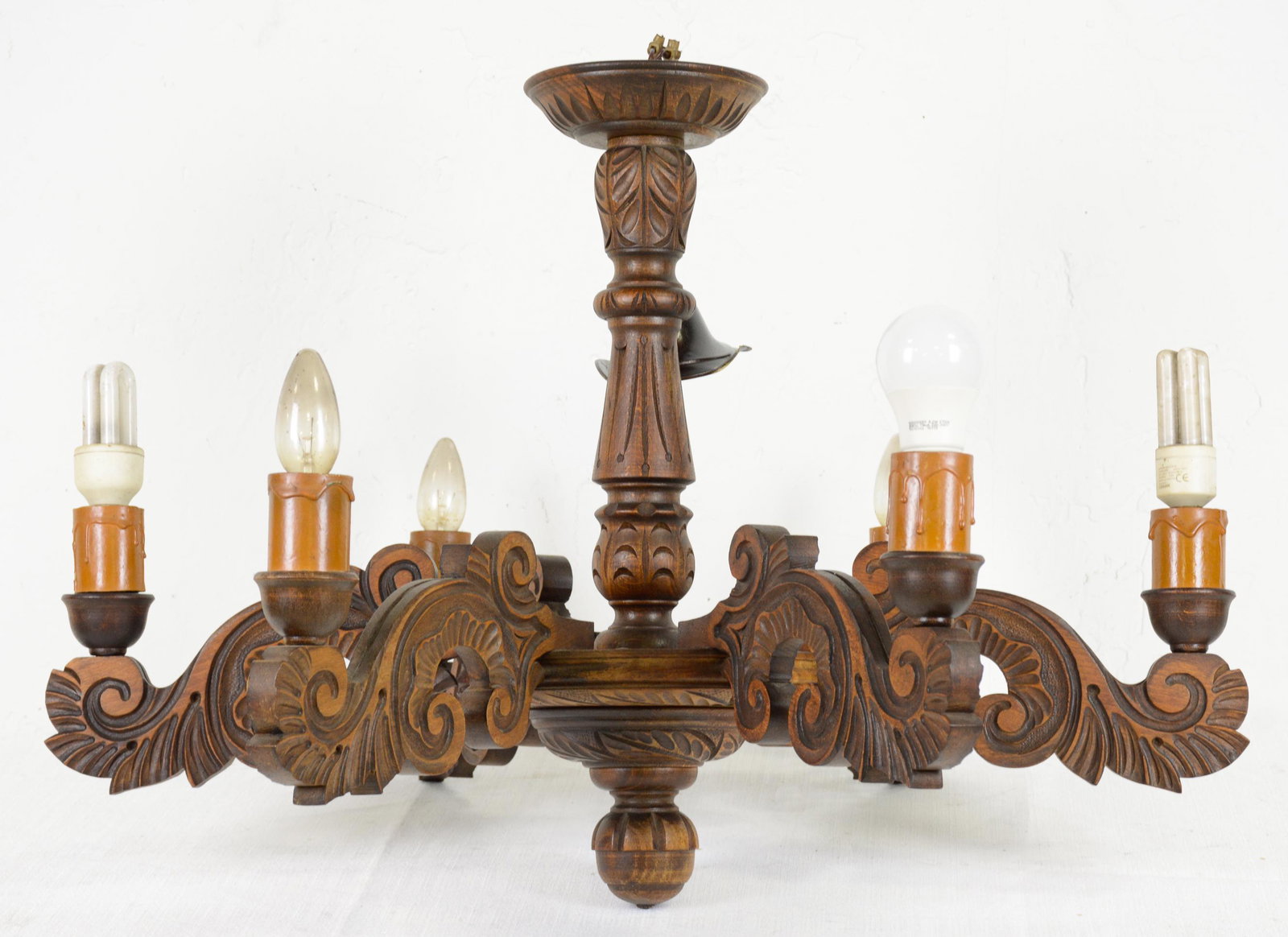 Carved Oak 6 Light Chandelier (1 of 2)