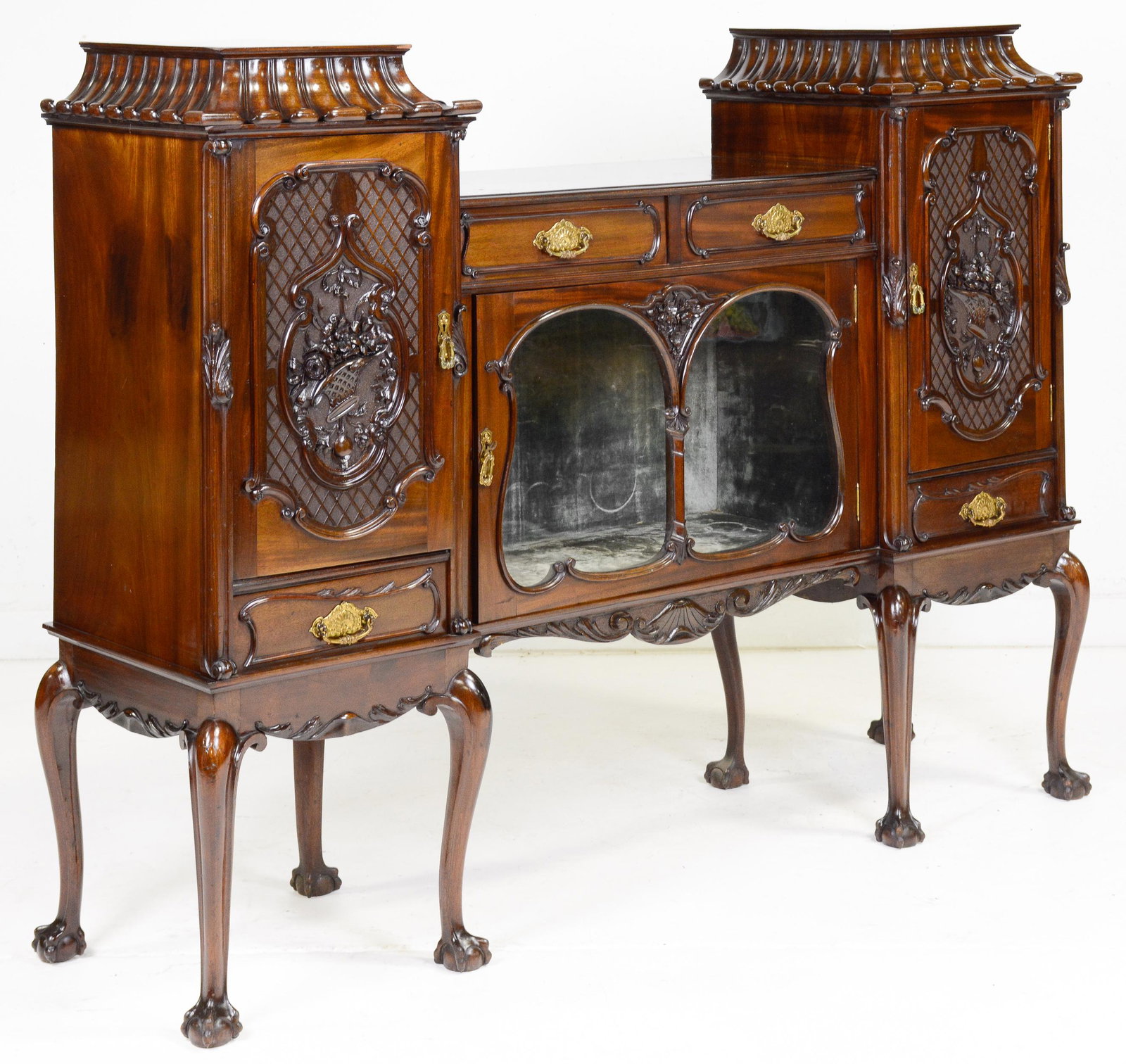 British Carved Ball & Claw Mahogany Server: British Mahogany Carved Ball & Claw Server with Drop Center - 47 in tall x 62 x 16