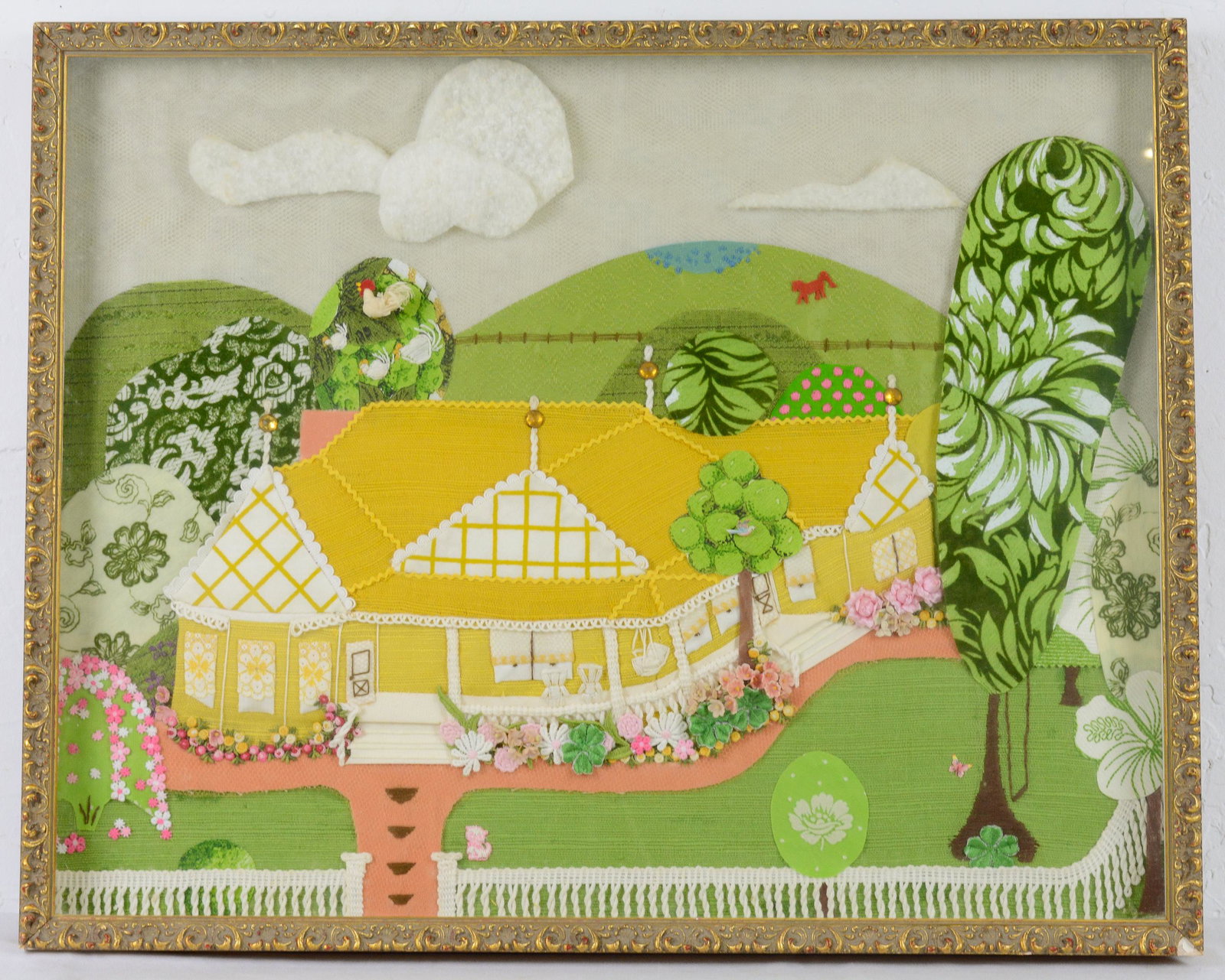 Gold Framed Shadow Box Stitched Art - Yellow House (1 of 2)
