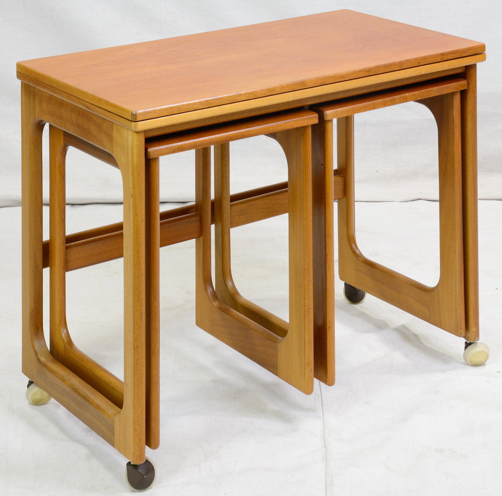 Mid Century Triform Flip Top Nest by McIntosh: Danish Modern Style Teak Triform Flip Top Nest by McIntosh - 24 tall x 30 x 17