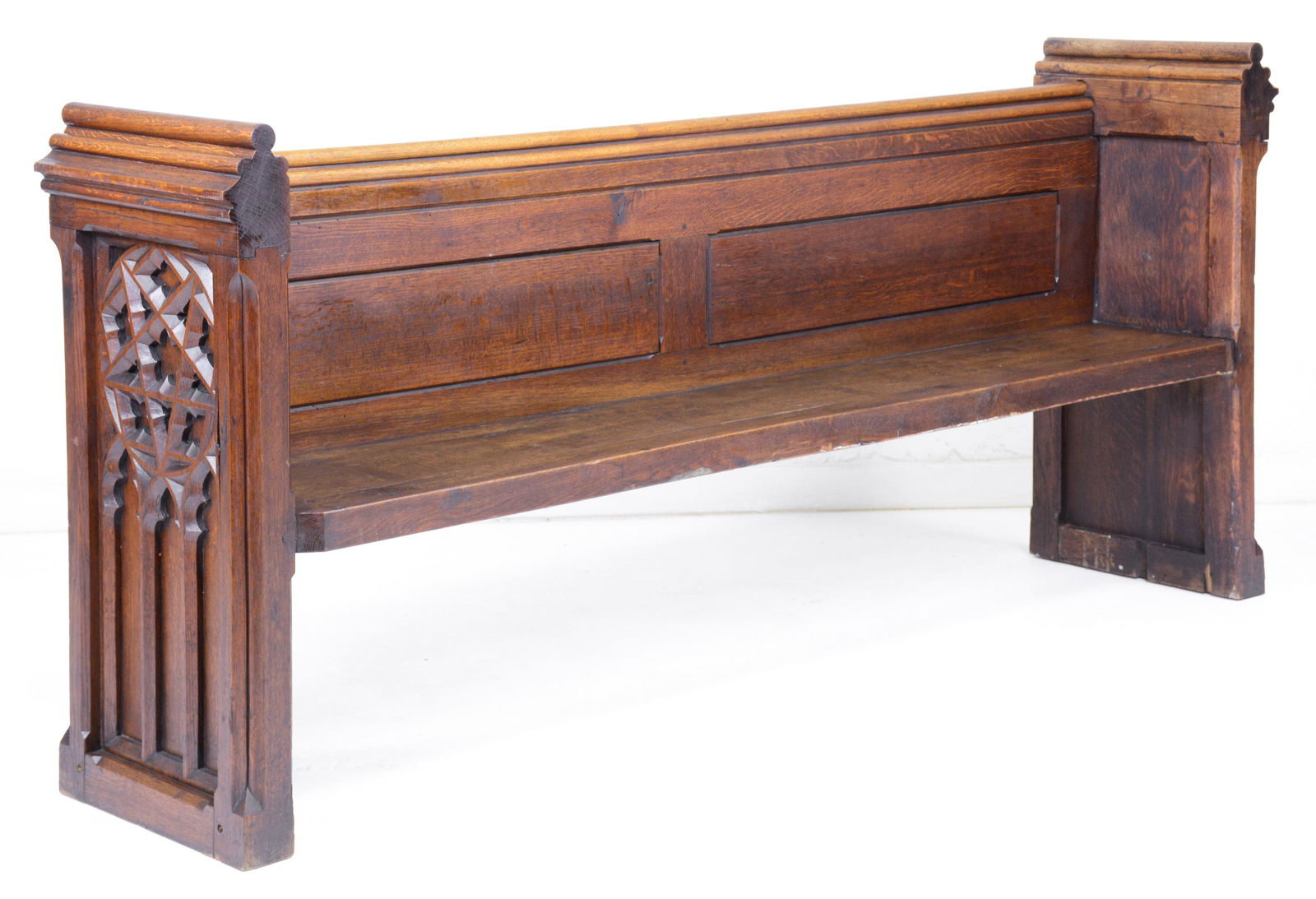 English Pew / Bench With Gothic Carved Panel Sides (1 of 4)