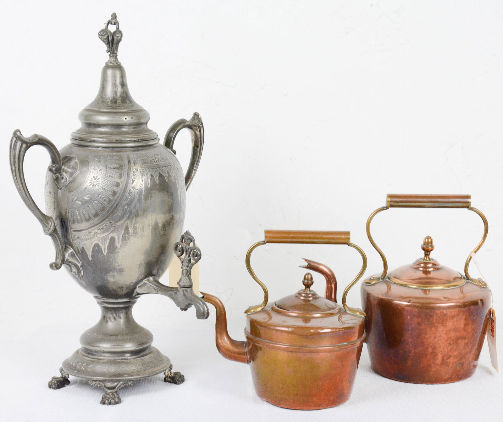 2 Copper Tea Kettles & Britannia Metal Tea Urn (1 of 3)