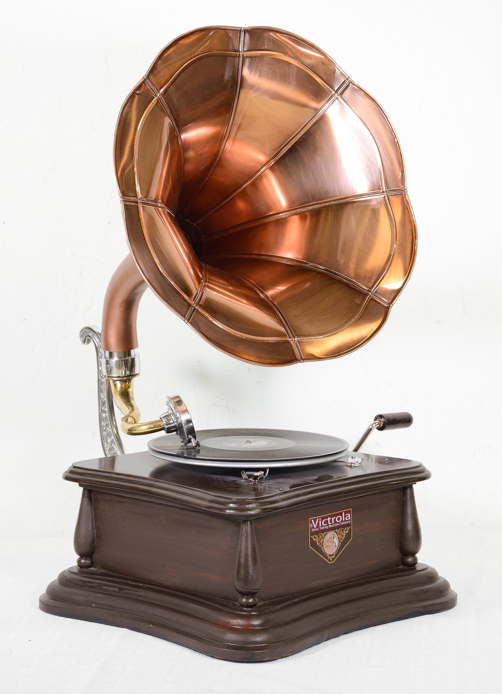 Oak Cased Gramophone With Copper Horn: Oak Cased Gramophone / Victrola with Copper Horn - 20 in tall x 18 x 19